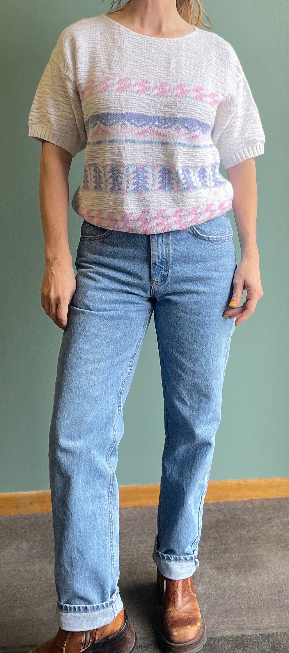 vtg 80s PASTEL CROPPED SWEATER // bobbie brooks cotton patterned sweater cute 3D knit abstract print baggy top fairy pink purple white