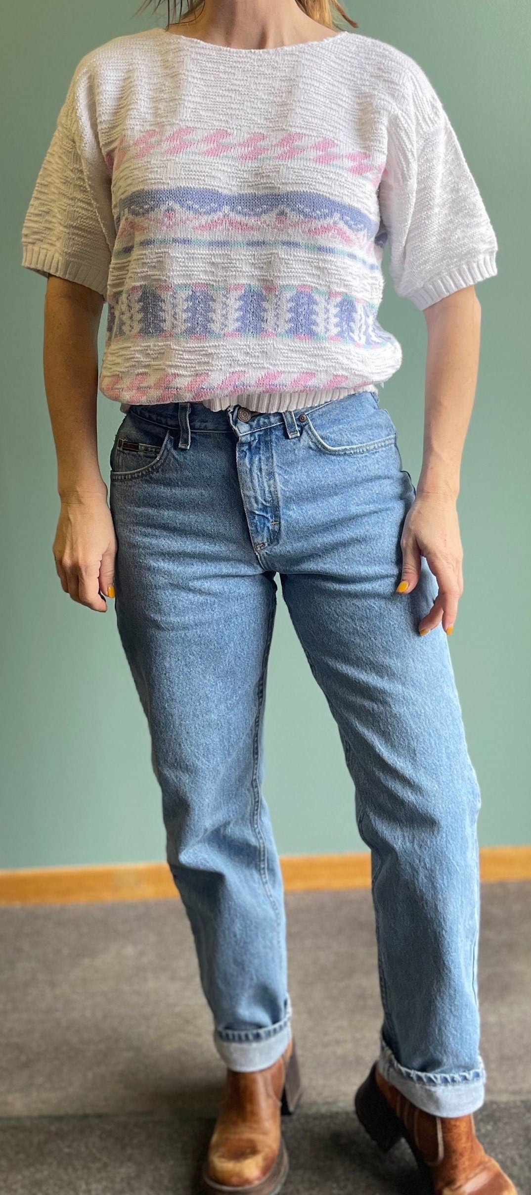 vtg 80s PASTEL CROPPED SWEATER // bobbie brooks cotton patterned sweater cute 3D knit abstract print baggy top fairy pink purple white