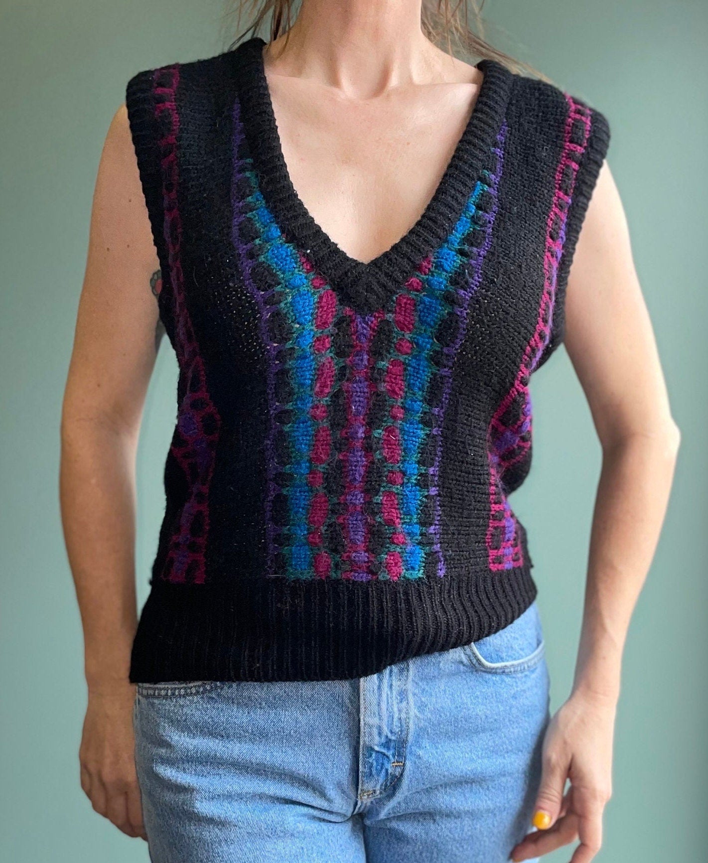 vtg 80s STRIPED SWEATER VEST / LeRoy abstract fuzzy multicolor layering top patterned knit sleeveless jumper fall autumn layers cute cropped