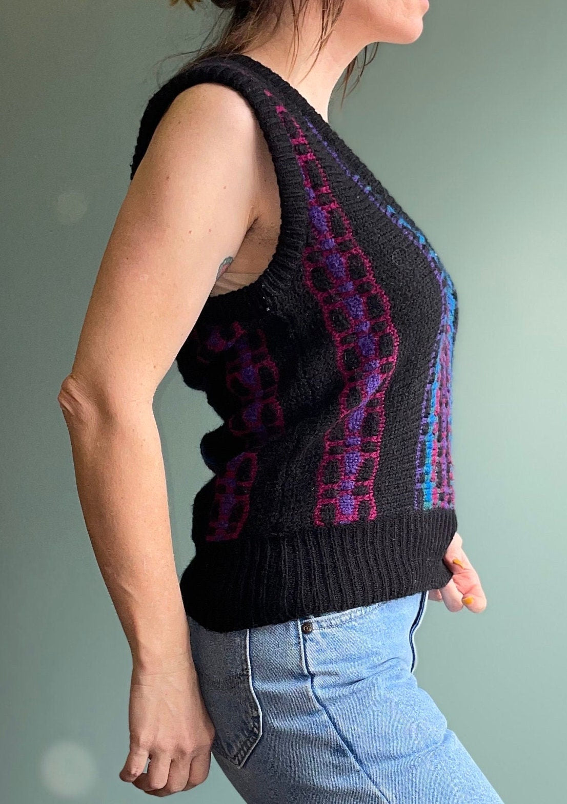 vtg 80s STRIPED SWEATER VEST / LeRoy abstract fuzzy multicolor layering top patterned knit sleeveless jumper fall autumn layers cute cropped