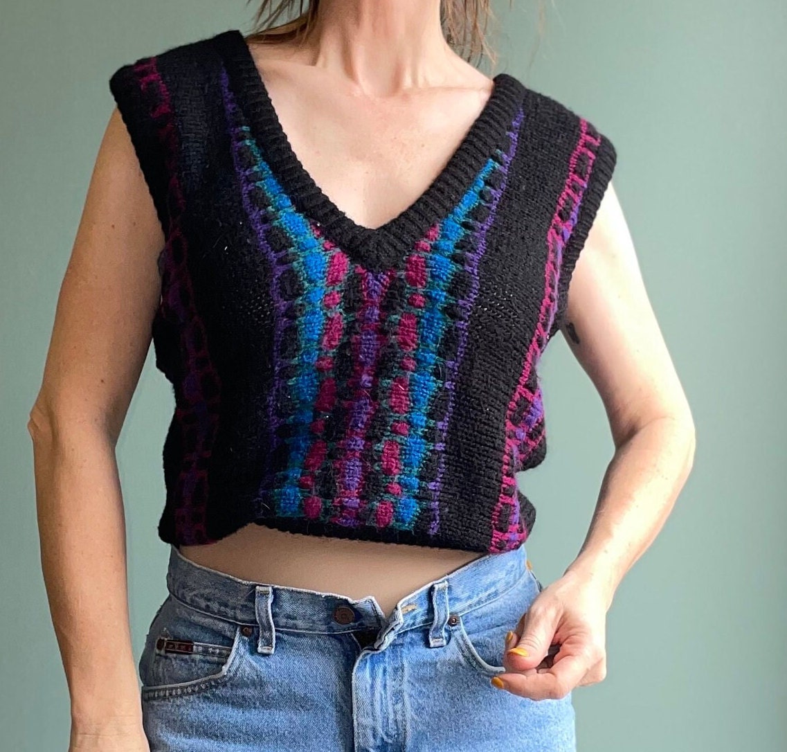 vtg 80s STRIPED SWEATER VEST / LeRoy abstract fuzzy multicolor layering top patterned knit sleeveless jumper fall autumn layers cute cropped