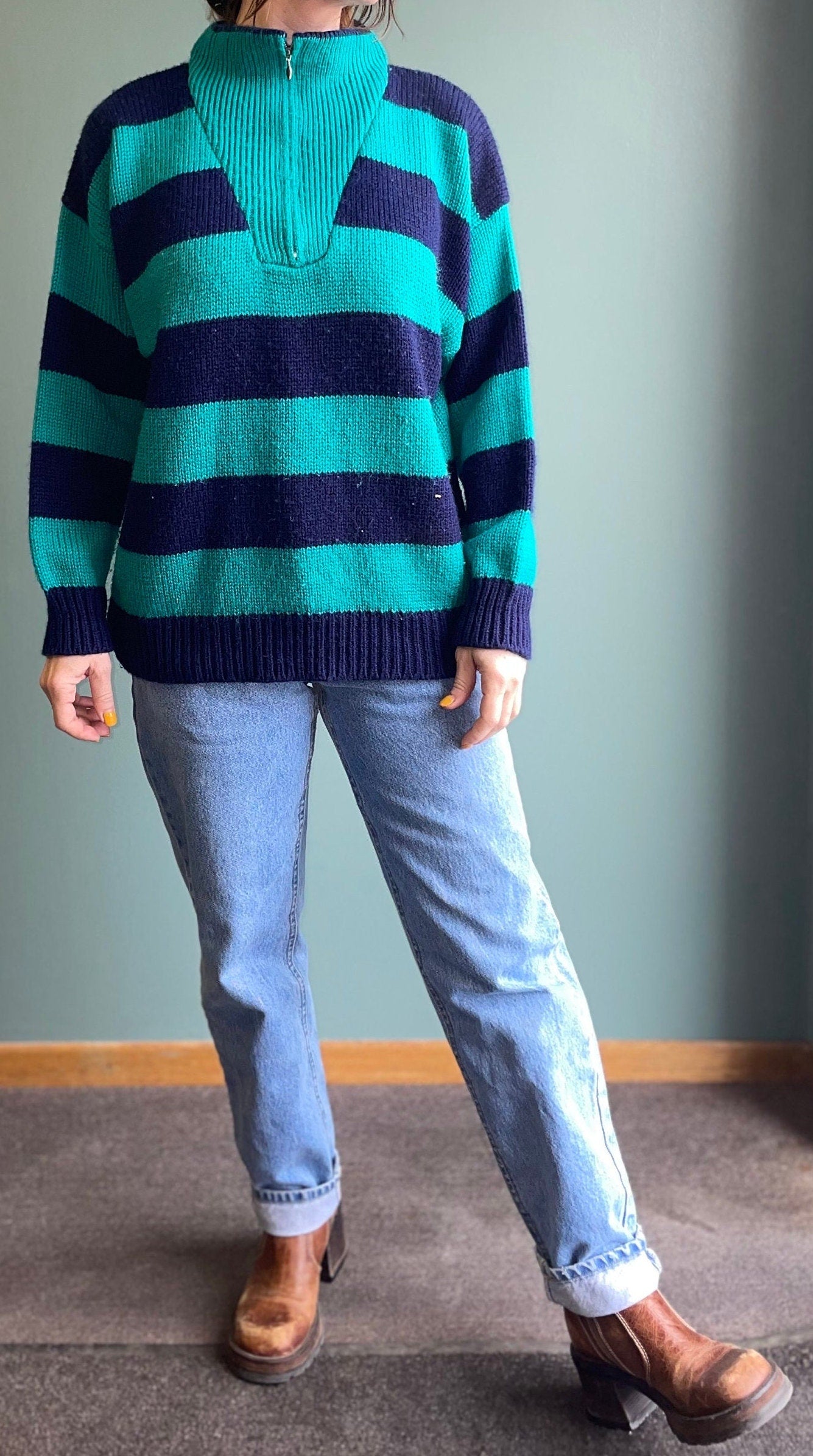 vtg 80s TEAL & BLACK V Neck Sweater // zip up shawl collar bright blue knit jumper collared top chunky thick beetlejuice freddy krueger fall