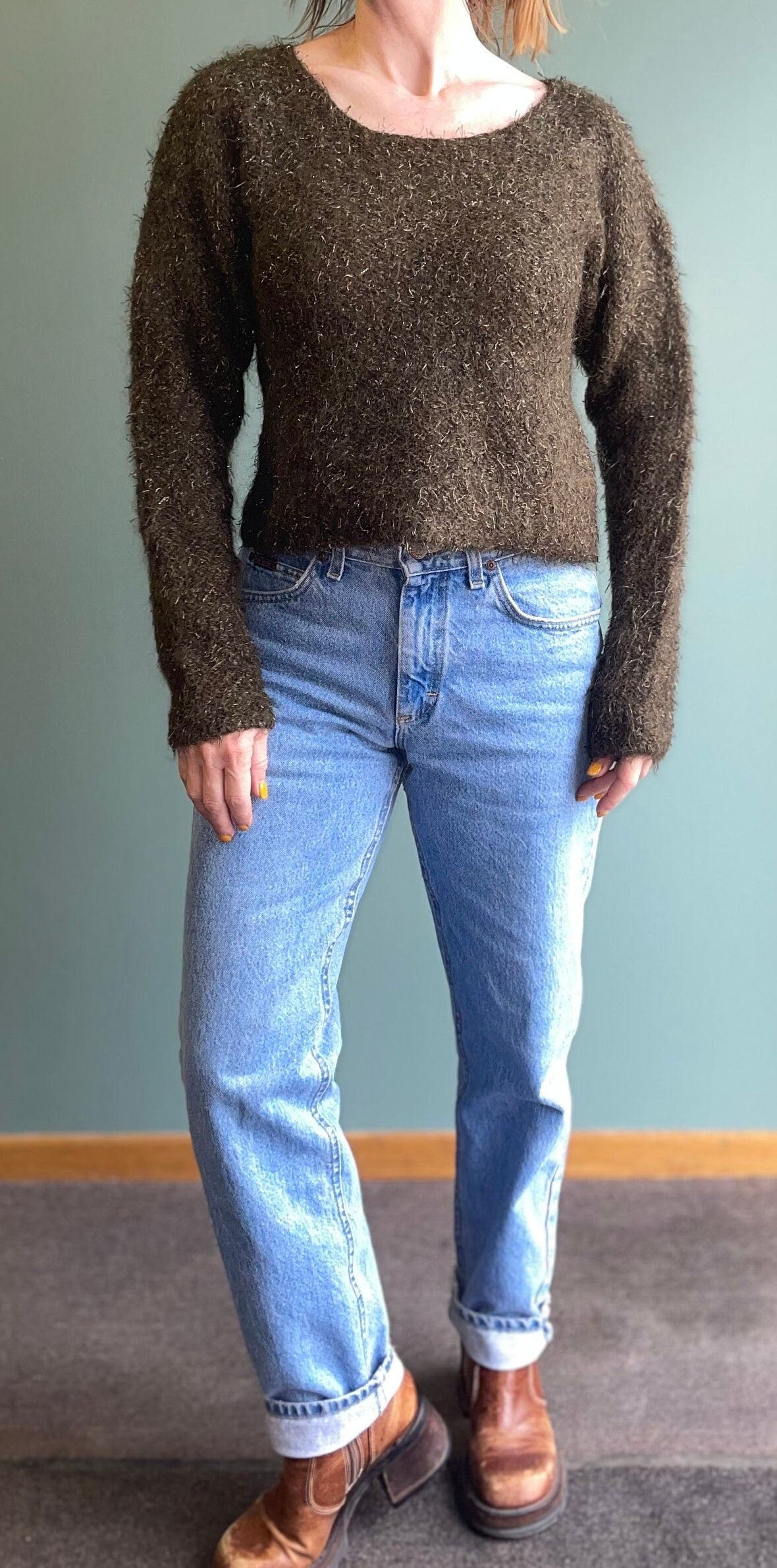 vtg 90s Y2K MOHAIR SWEATER // moss green fuzzy scoop neck fitted jumper metallic knit cropped 80s Sweater earth tone cute neutral minimalist