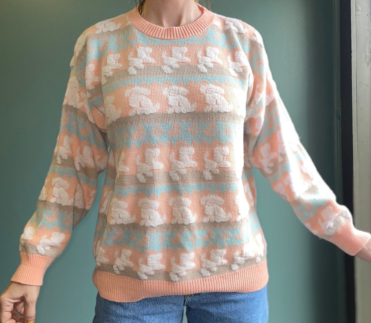 vtg 80s PASTEL POODLE SWEATER // all over print poodle cute puppy knit jumper kawaii animal baby pink adele spumoni pink coquette fairy kai