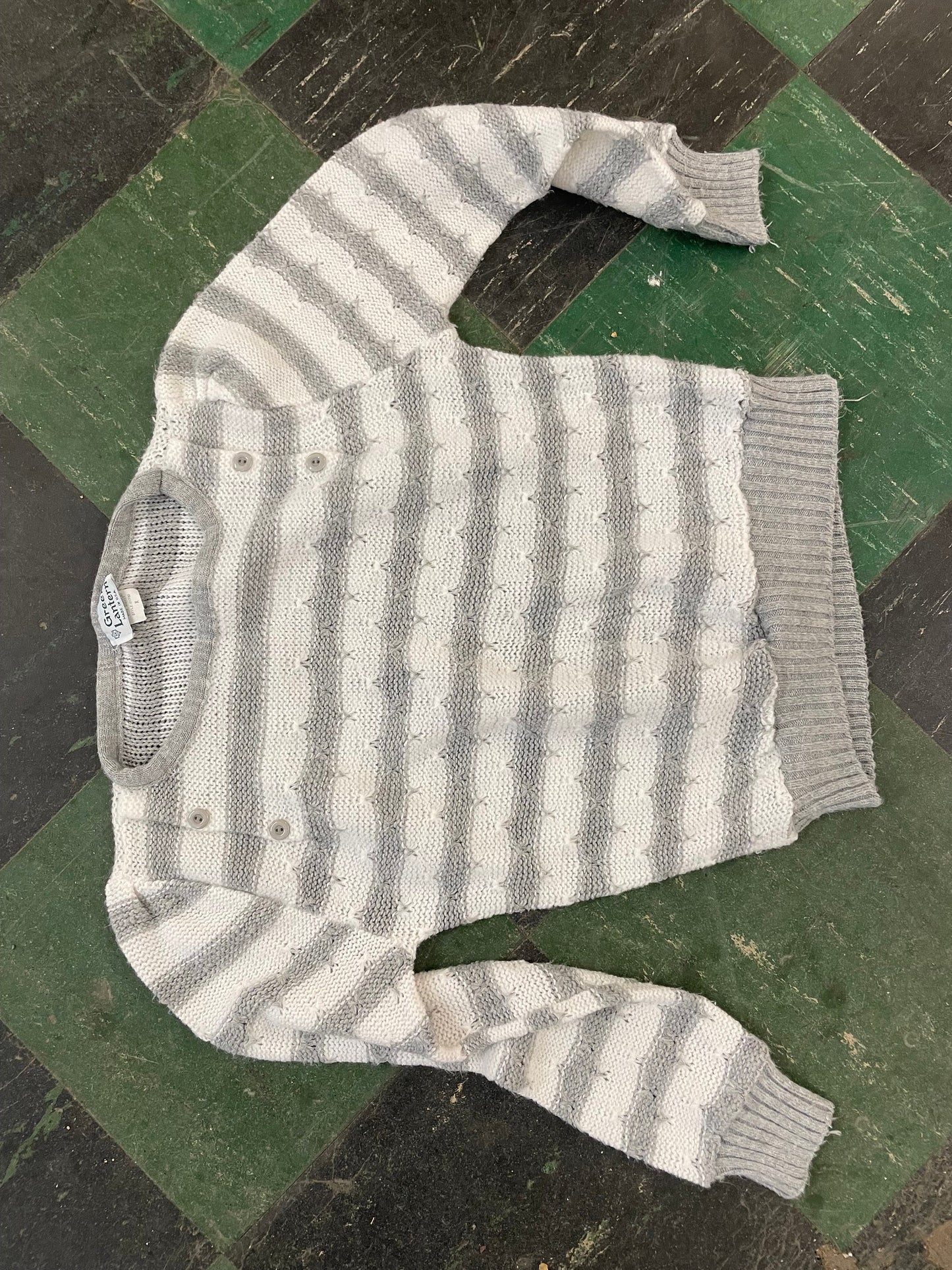 vtg 80s PUFFED SLEEVE SWEATER // vintage textured cropped fit top pastel grey & white striped jumper green lantern 90s cute neutral two tone