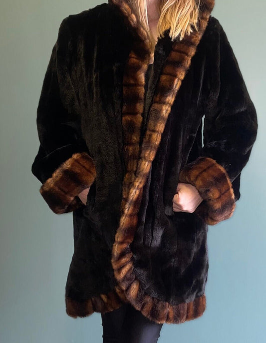 vtg 90s FAUX FUR COAT // 90s Y2k black & brown fur penny lane shearling style faux mink fancy warm winter overcoat striped comfy slouchy