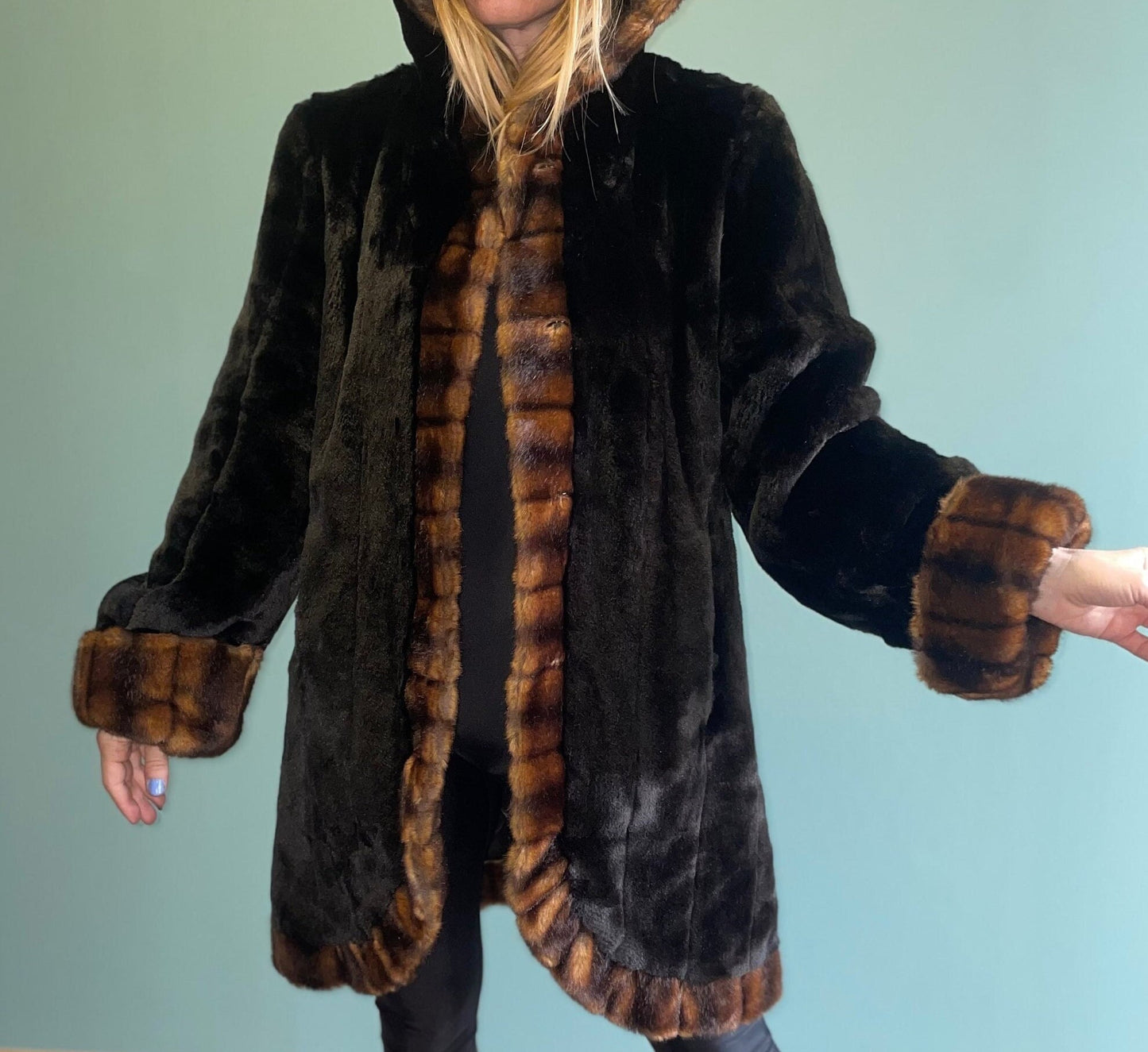 vtg 90s FAUX FUR COAT // 90s Y2k black & brown fur penny lane shearling style faux mink fancy warm winter overcoat striped comfy slouchy