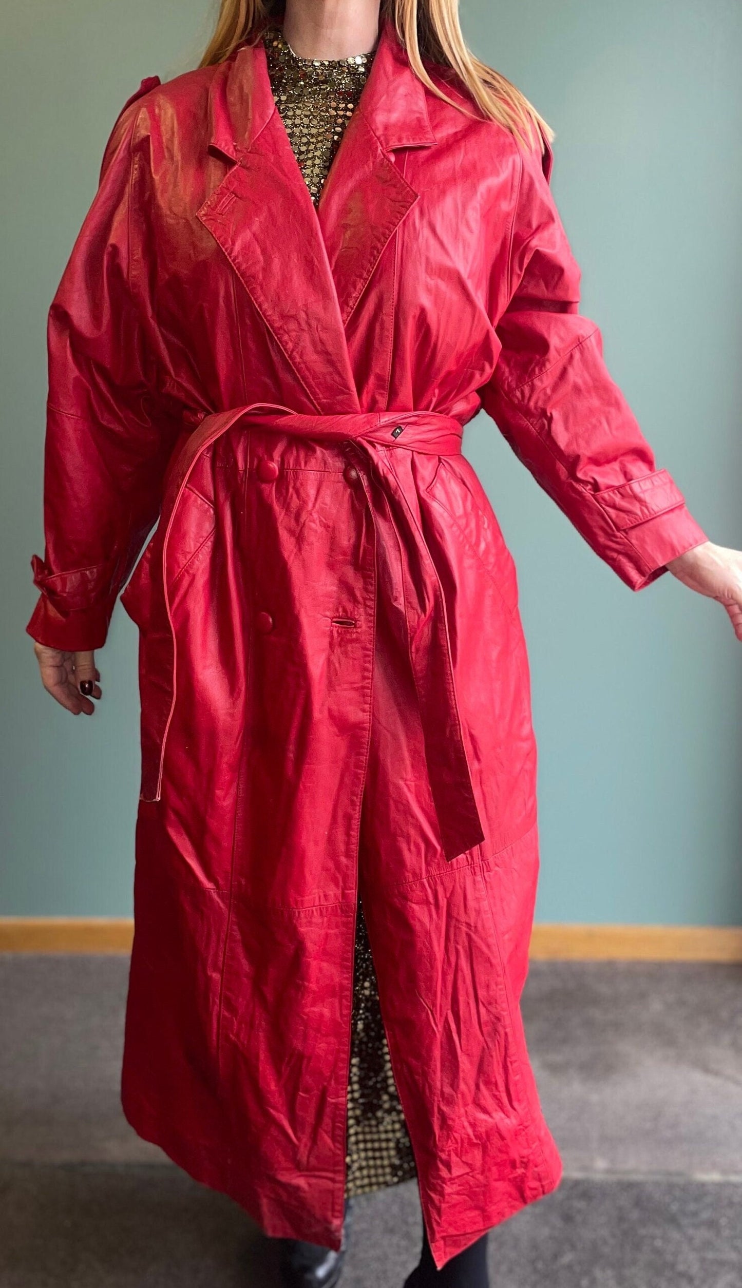 vtg 90s LONG RED LEATHER jacket // big collar oversized belted trench coat thinsulate autumn jacket madonna pop art unique bright funky