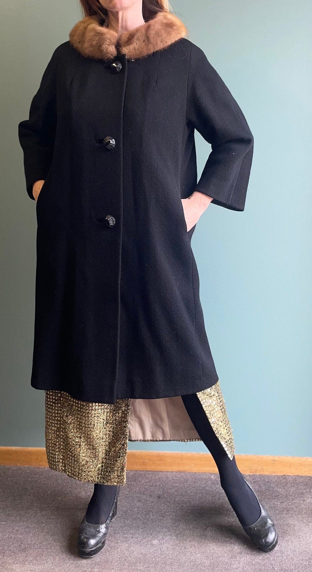 vtg 50s BLACK PRINCESS COAT // mink fur trimmed fancy evening opera coat 50s swing coat sophisticated sleek lilli ann style winter overcoat
