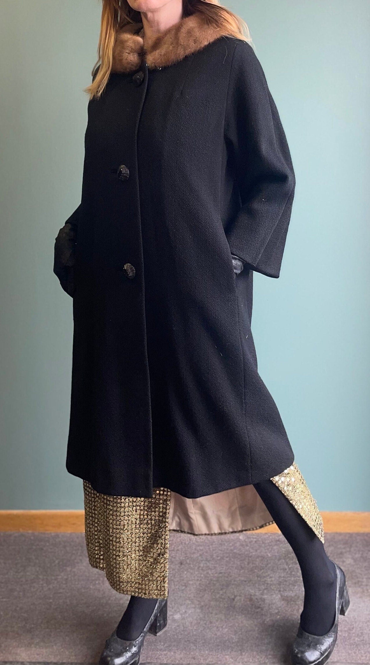 vtg 50s BLACK PRINCESS COAT // mink fur trimmed fancy evening opera coat 50s swing coat sophisticated sleek lilli ann style winter overcoat