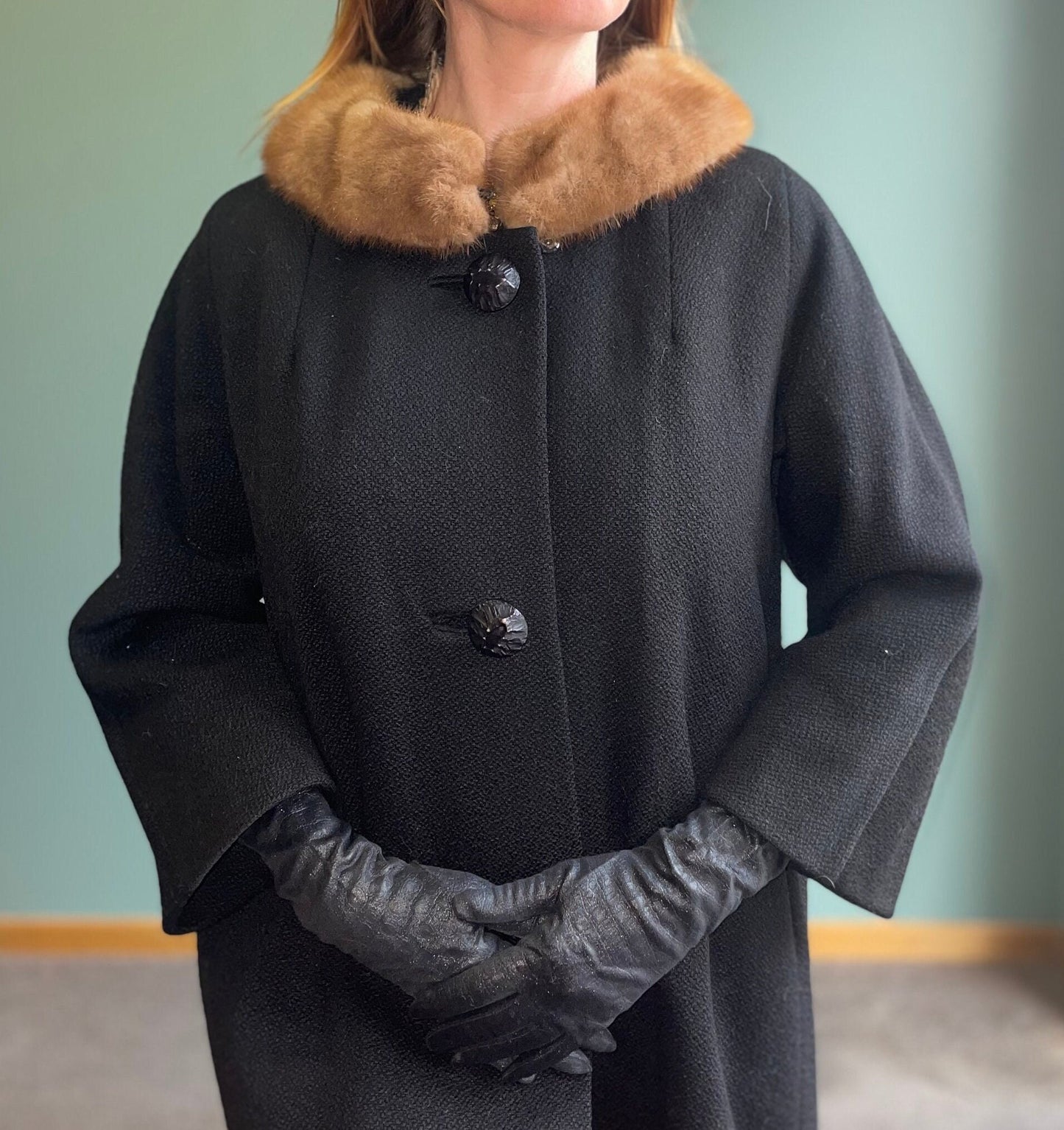 vtg 50s BLACK PRINCESS COAT // mink fur trimmed fancy evening opera coat 50s swing coat sophisticated sleek lilli ann style winter overcoat