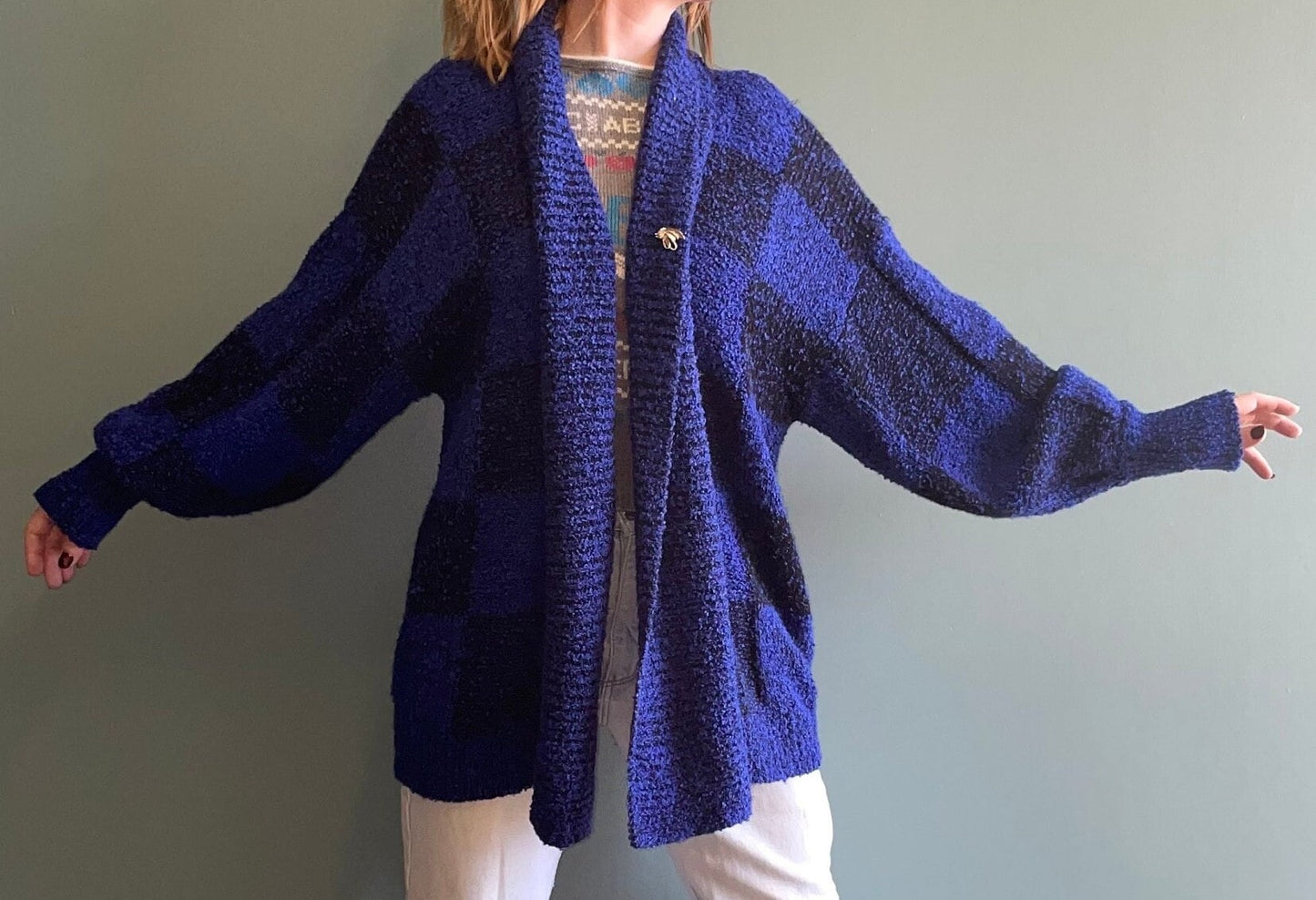 vtg 80s CHECKERED CARDIGAN // vintage slouchy flowy long sweater jacket bright funky black & blue geometric print baggy cozy office cover up