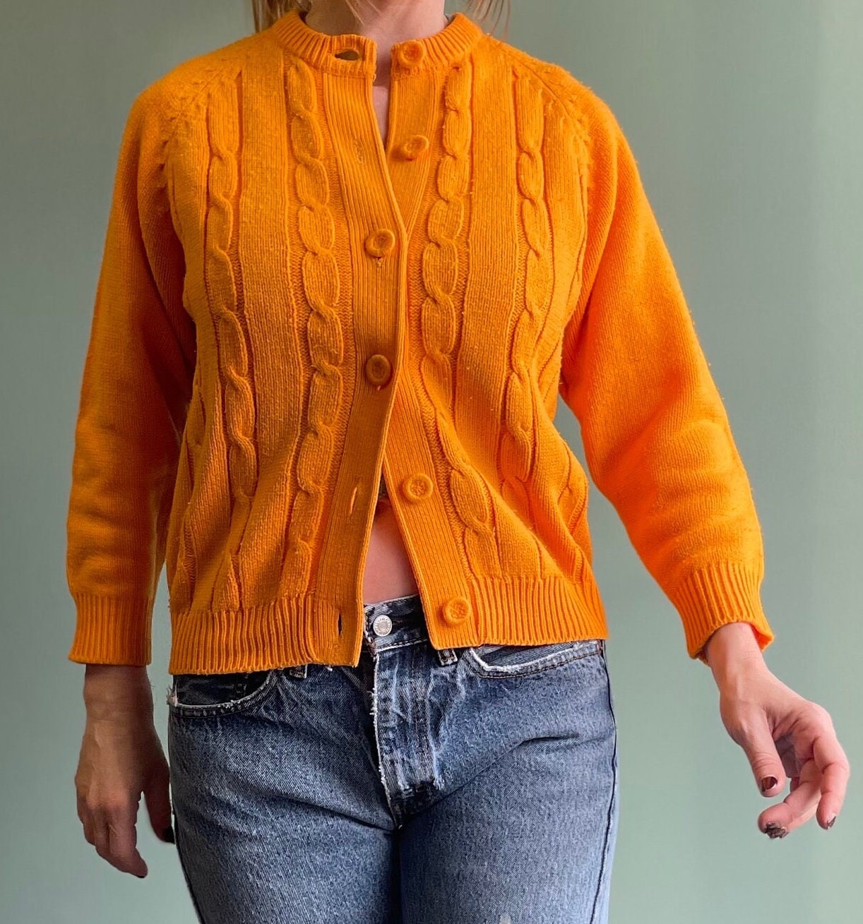 vtg 60s ORANGE CABLE KNIT Cardigan // vintage bright neon orange fuzzy sweater rockabilly kurt cobain autumn back to school teacher preppy