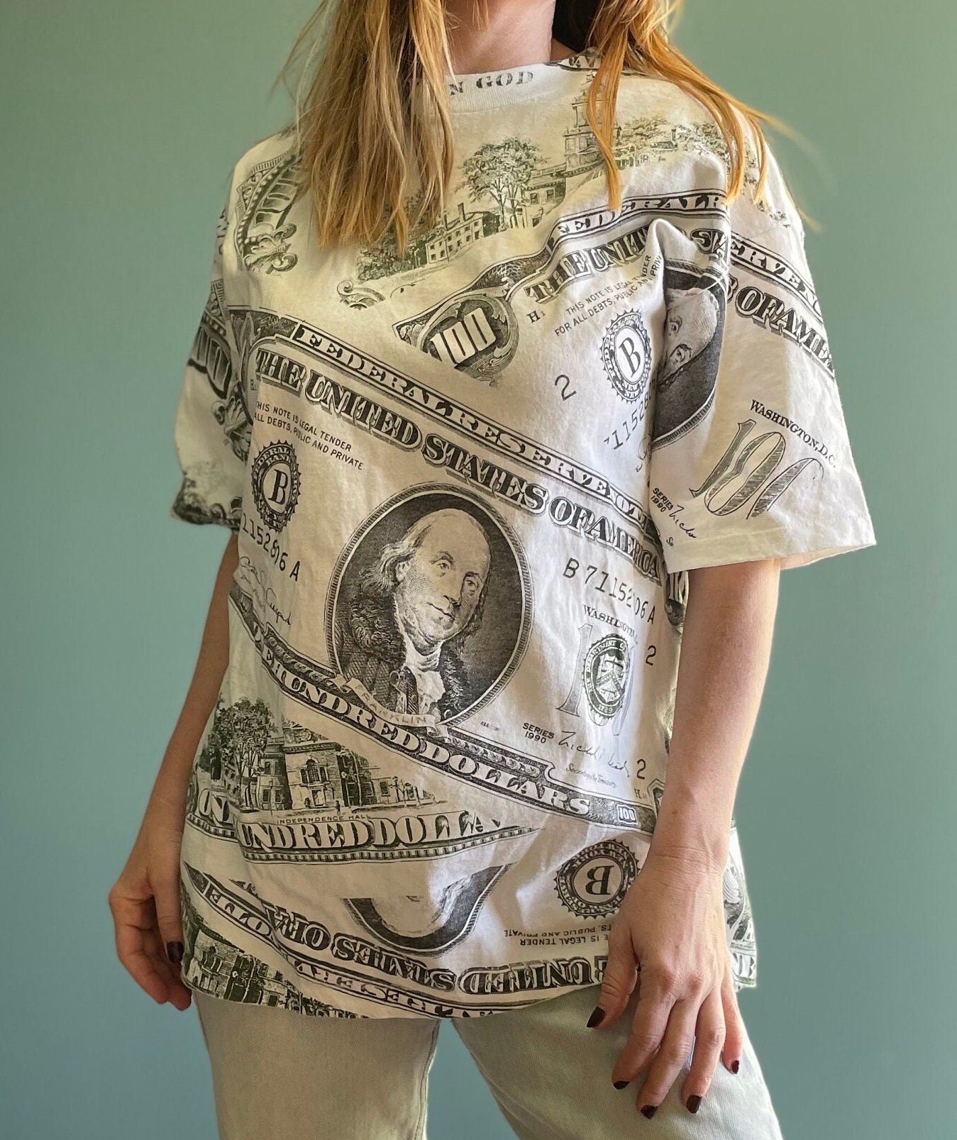 vtg 90s MONEY CASH hype SHIRT // vintage hundred dollars series benjamin franklin big face print baggy oversized all over print rich baller