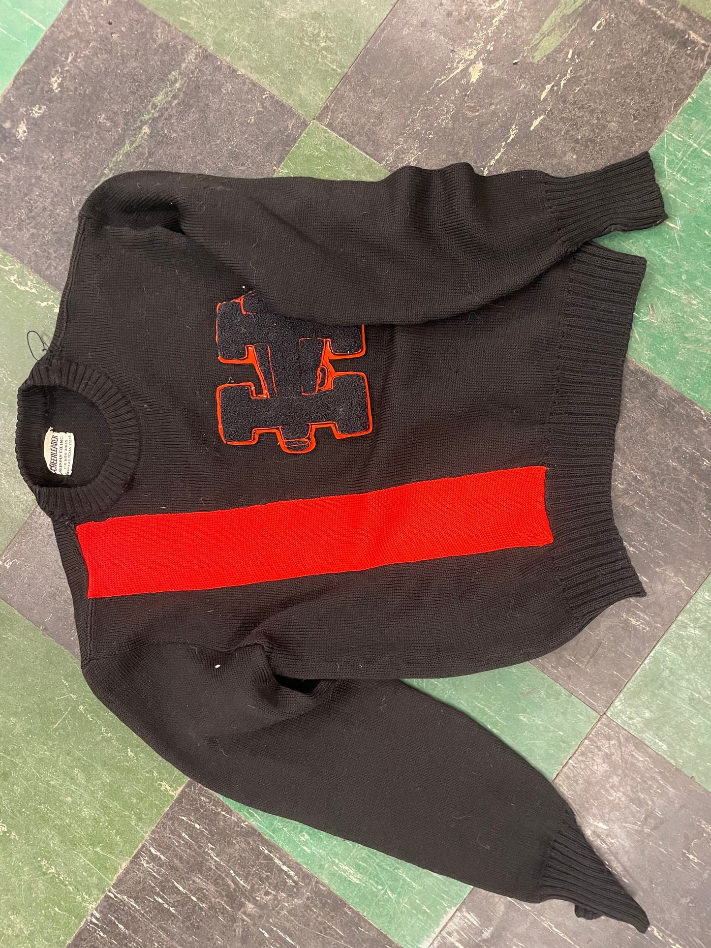 vtg 80s GOTHIC VARSITY LETTERMAN Sweater // vintage cheerleader outfit preppy school cropped two tone striped knit mod retro halloween fall