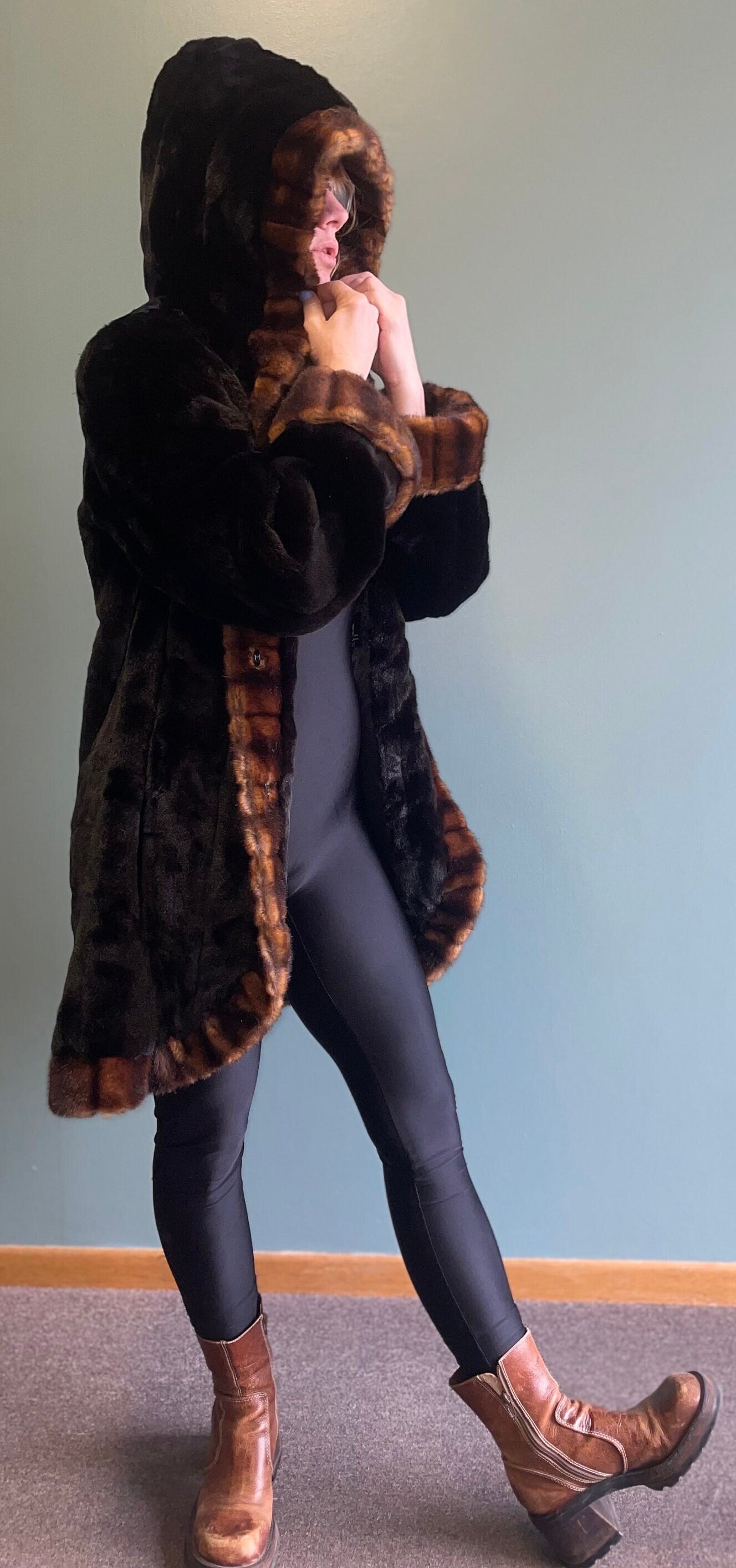 vtg 90s FAUX FUR COAT // 90s Y2k black & brown fur penny lane shearling style faux mink fancy warm winter overcoat striped comfy slouchy