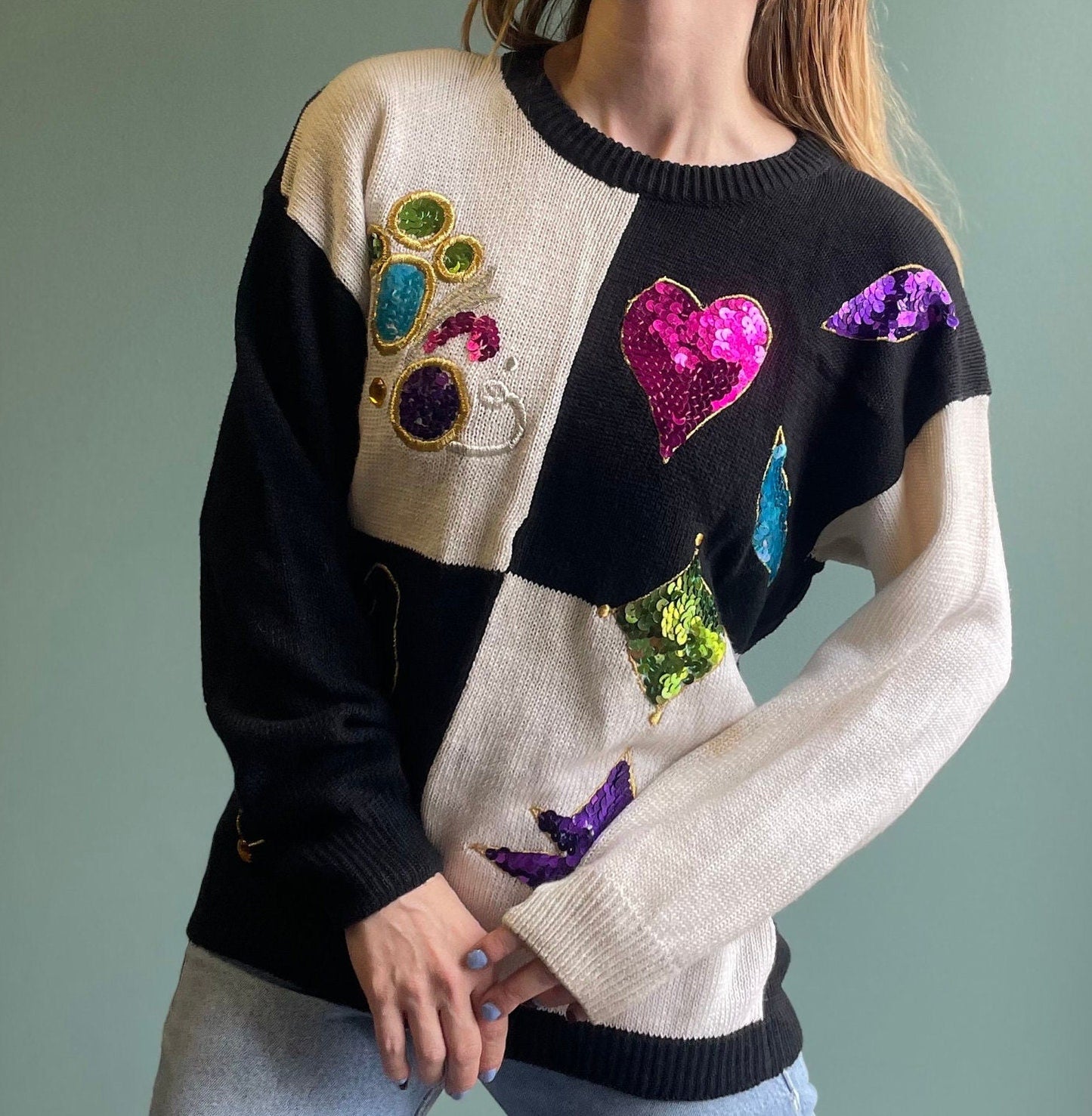 vtg 80s MOD CHECKERED SWEATER // vintage sequin embroidered two tone pop art moschino style fran fine the nanny long retro halloween cozy