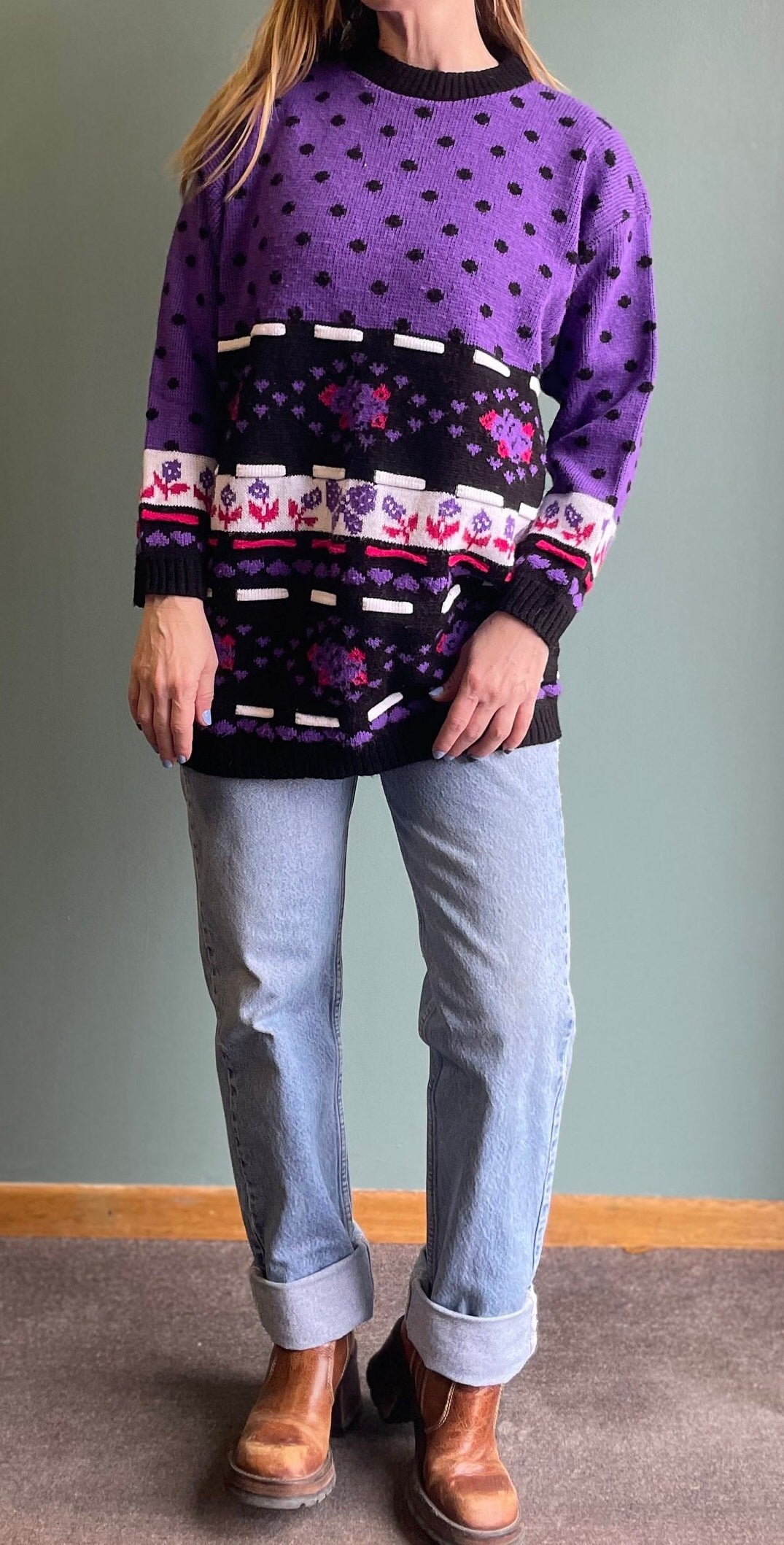 vtg 80s STRIPED POLKA DOT Sweater // vintage purple & black long patterned sweater new addition 90s bright funky maternity oversized bright