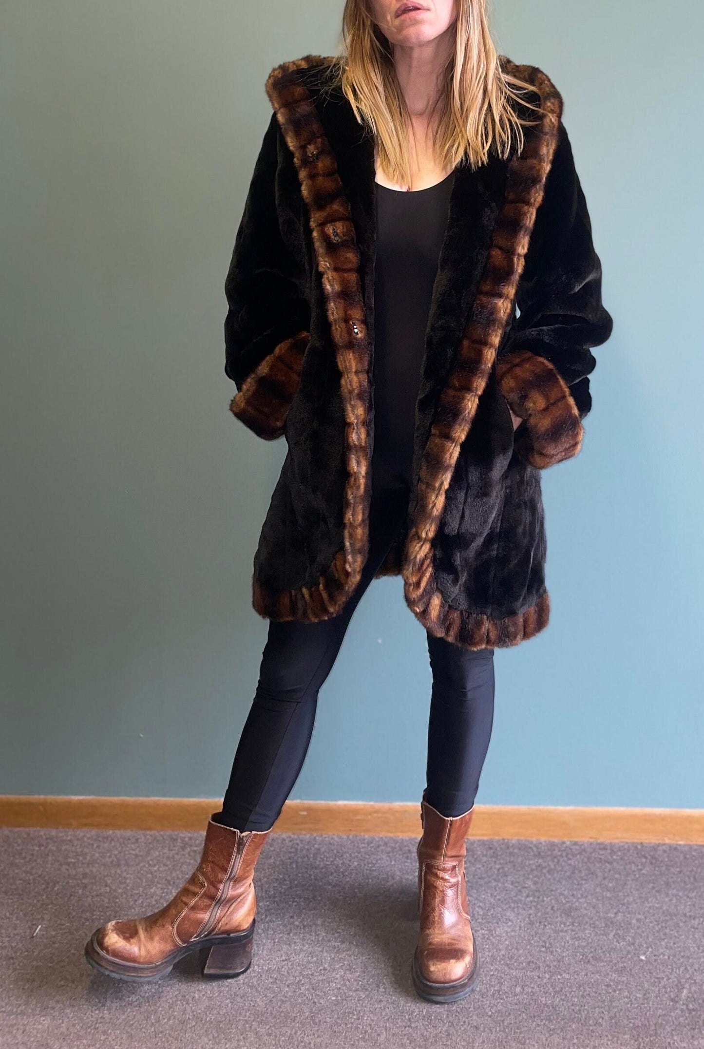 vtg 90s FAUX FUR COAT // 90s Y2k black & brown fur penny lane shearling style faux mink fancy warm winter overcoat striped comfy slouchy