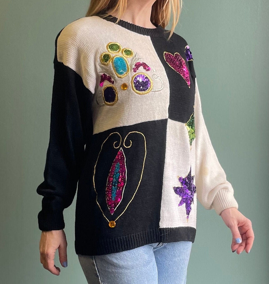 vtg 80s MOD CHECKERED SWEATER // vintage sequin embroidered two tone pop art moschino style fran fine the nanny long retro halloween cozy