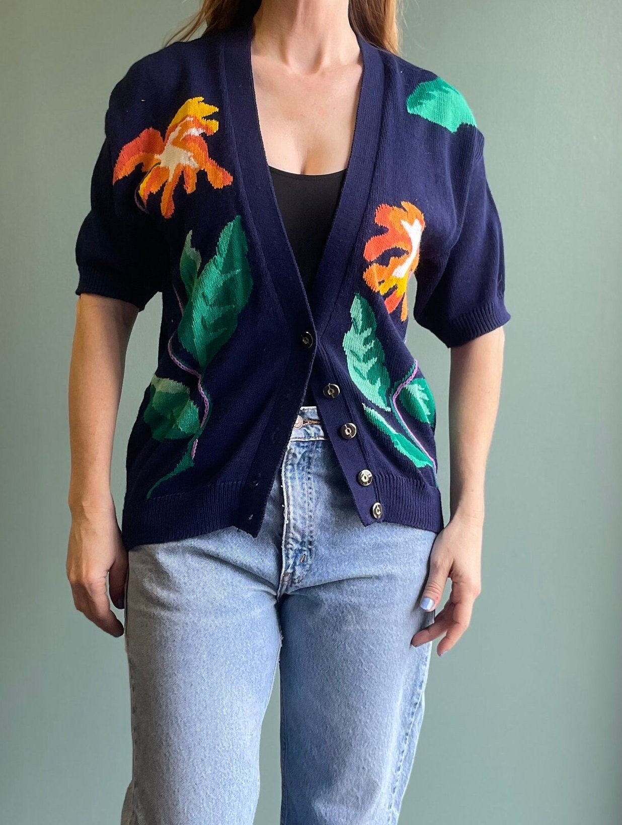 vtg 80s ORANGE FLOWER CARDIGAN // navy blue button up hand knit short sleeve blue sweater iris vine garden print casual cozy school teacher