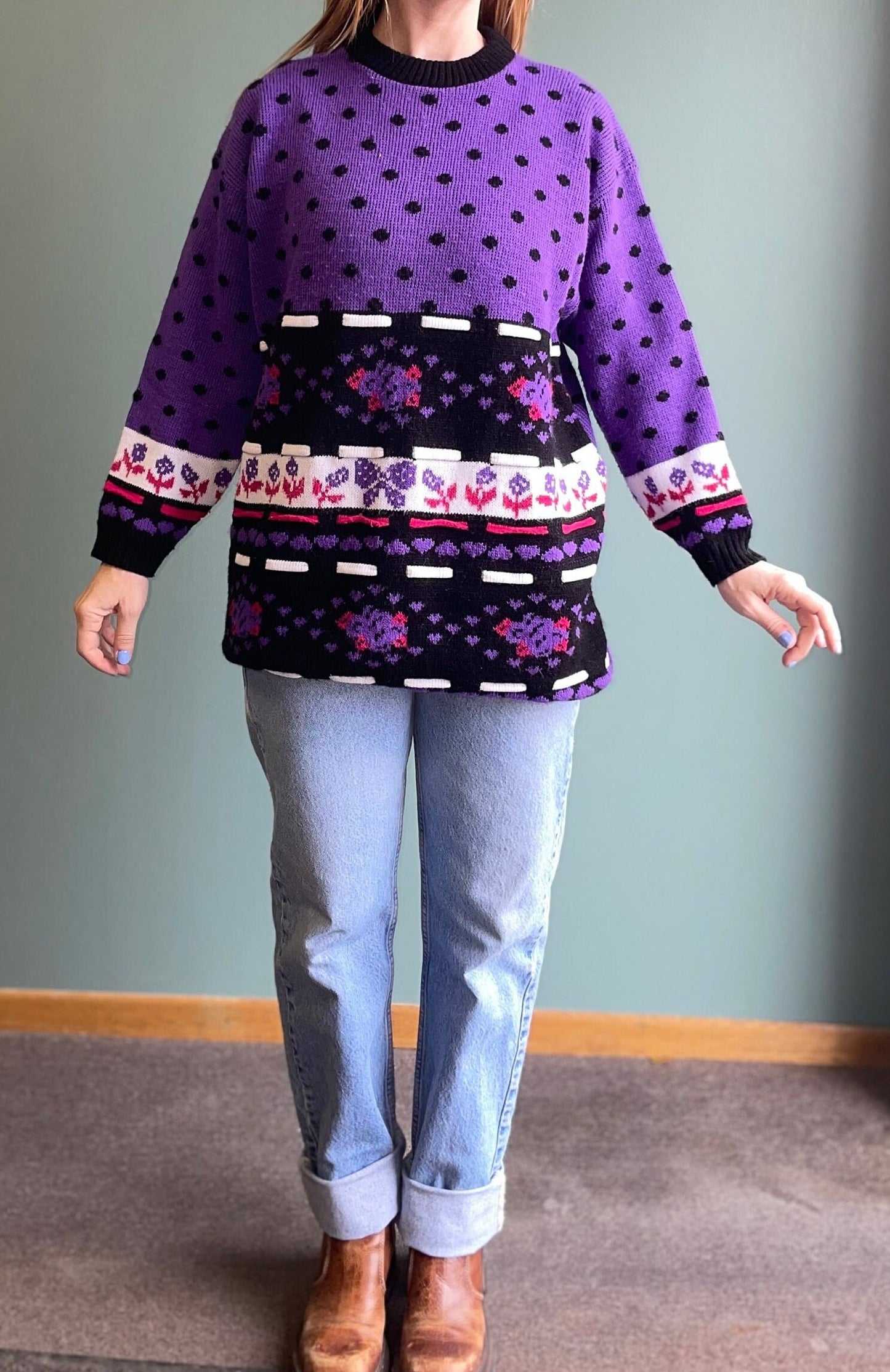 vtg 80s STRIPED POLKA DOT Sweater // vintage purple & black long patterned sweater new addition 90s bright funky maternity oversized bright