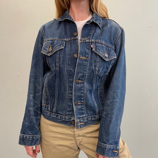 Vtg LEVIS MEDIUM WASH jean jacket faded button up 80s 90s dark wash patina fitted denim jacket 70506-0217