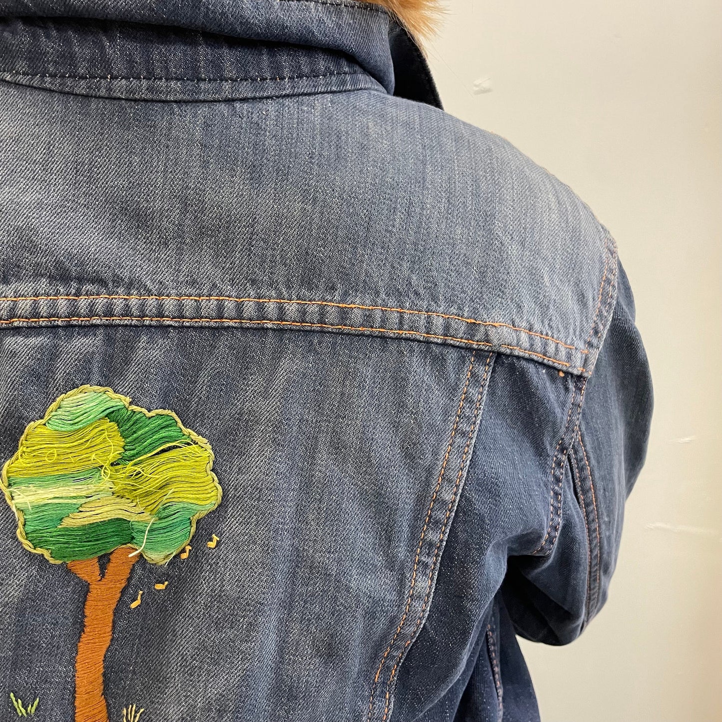 vintage faded 1960s LEVIS snap JEAN JACKET small distressed embroidered button up cropped 70s soft denim top trees and earth hippie style