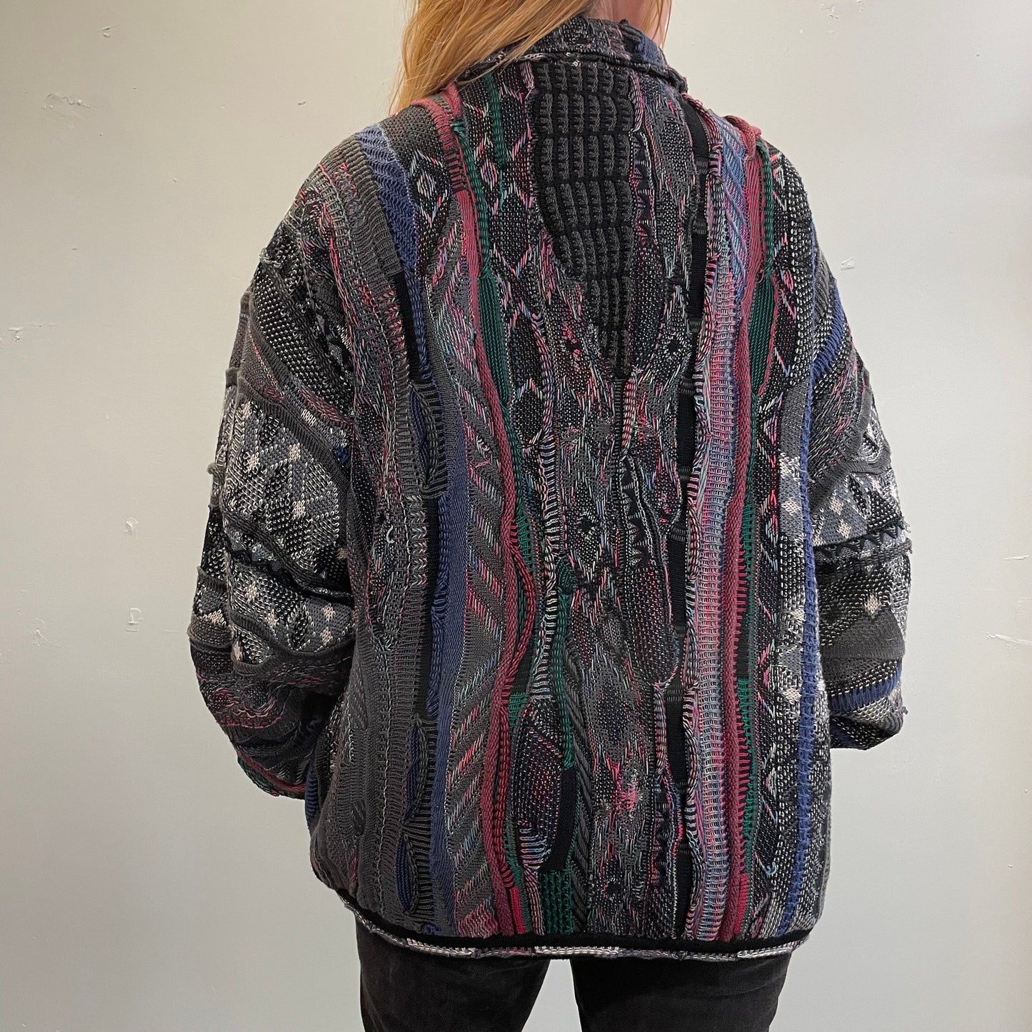 vtg 90s TUNDRA SWEATER zip JACKET ꕤ ꕤ ꕤ coogi style 3d abstract textured ꕤ ꕤ ꕤ big oversized loose fit rap hiphop biggie knit dress bright