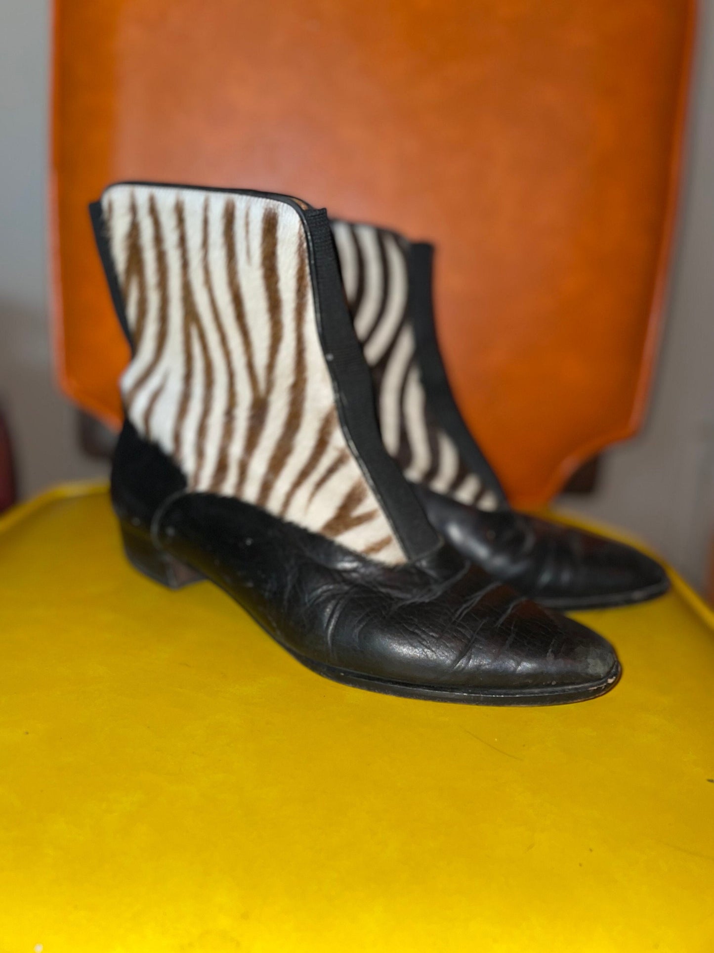 vtg 90s ZEBRA PRINT Ankle Boots // vintage furry striped beatle boot pony fur fuzzy booties pointy toe sleek chic fashion animal print boots