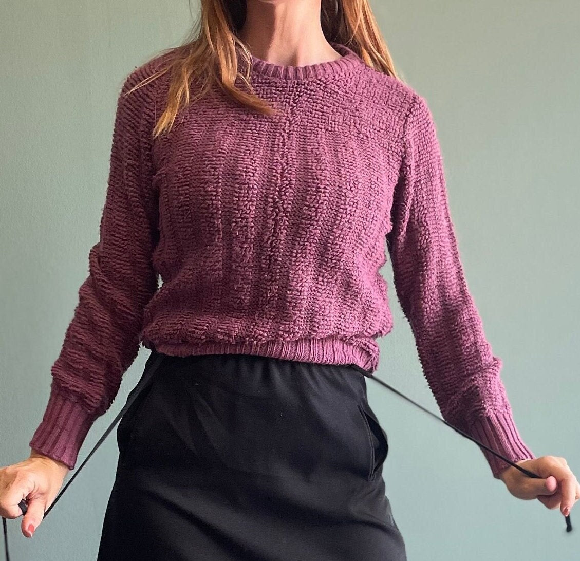 vtg 80s RIBBED PURPLE Sweater // vintage mademoiselle knitwear mauve pink pastel fuzzy top 3d textured cropped fitted earth tones minimalist