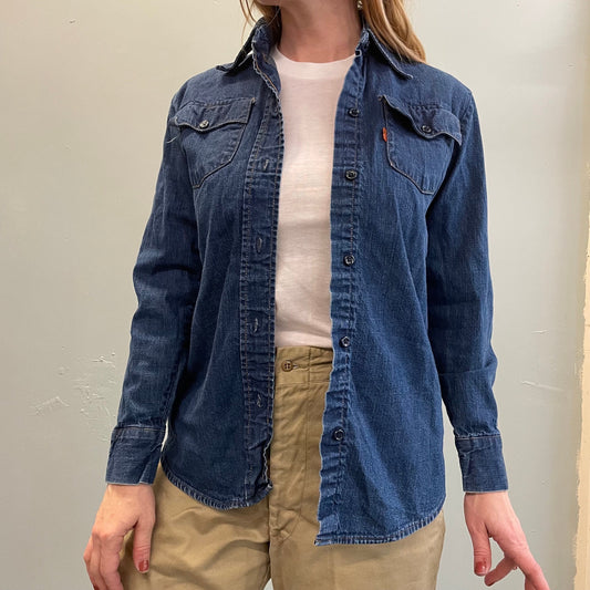 vtg LEVI'S FOR GALS dark wash denim top hippie western pointy collar western ranch wear chambray button up jacket