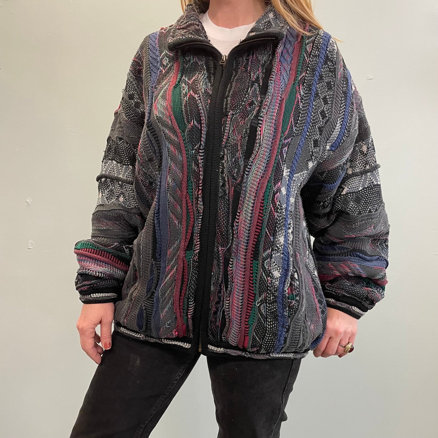 vtg 90s TUNDRA SWEATER zip JACKET ꕤ ꕤ ꕤ coogi style 3d abstract textured ꕤ ꕤ ꕤ big oversized loose fit rap hiphop biggie knit dress bright
