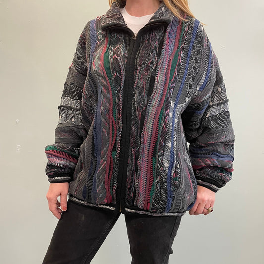 vtg 90s TUNDRA SWEATER zip JACKET ꕤ ꕤ ꕤ coogi style 3d abstract textured ꕤ ꕤ ꕤ big oversized loose fit rap hiphop biggie knit dress bright