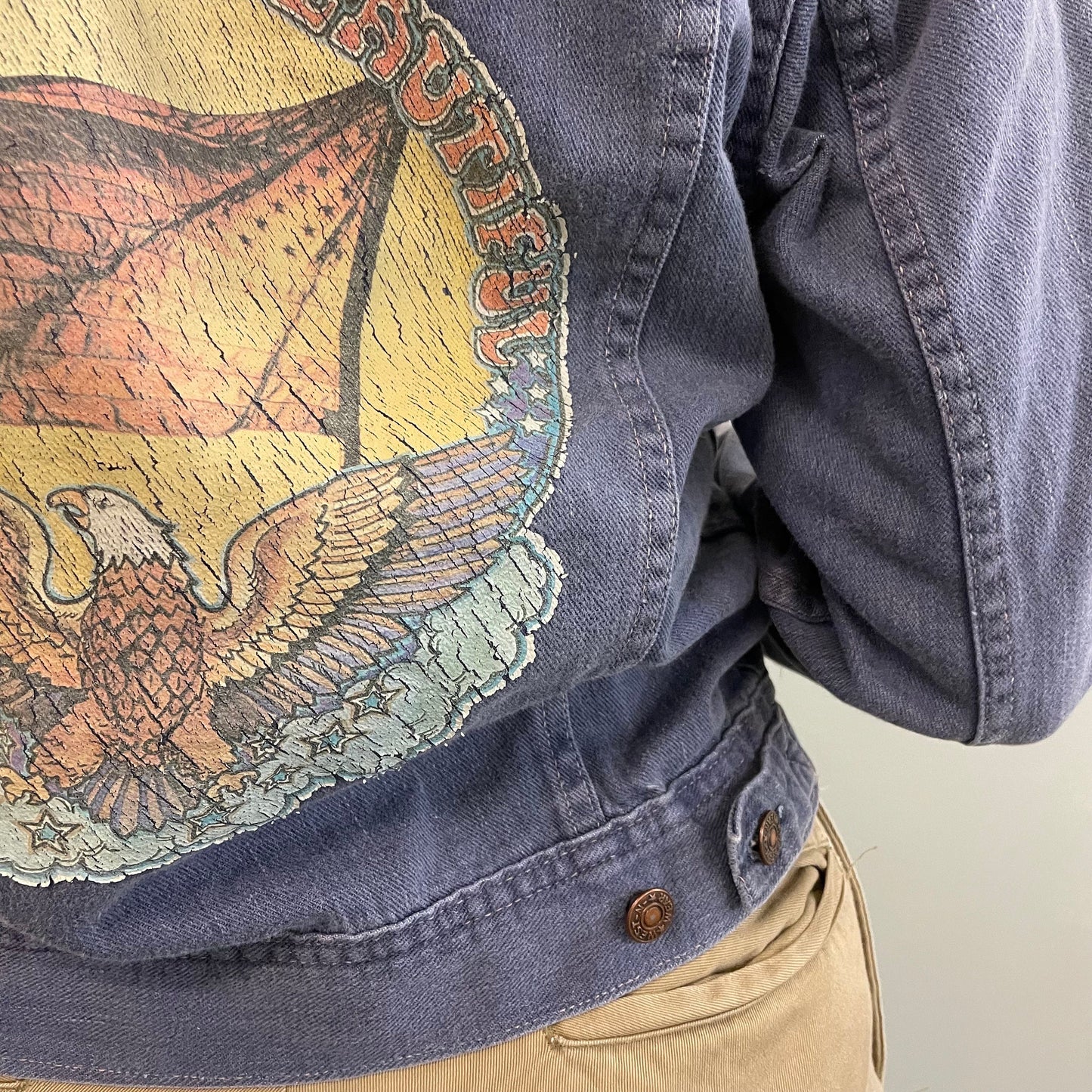vtg 70s DISTRESSED DENIM jacket thrashed holes shredded top america beautiful iron on transfer buttery soft punk west n wear hippie boho