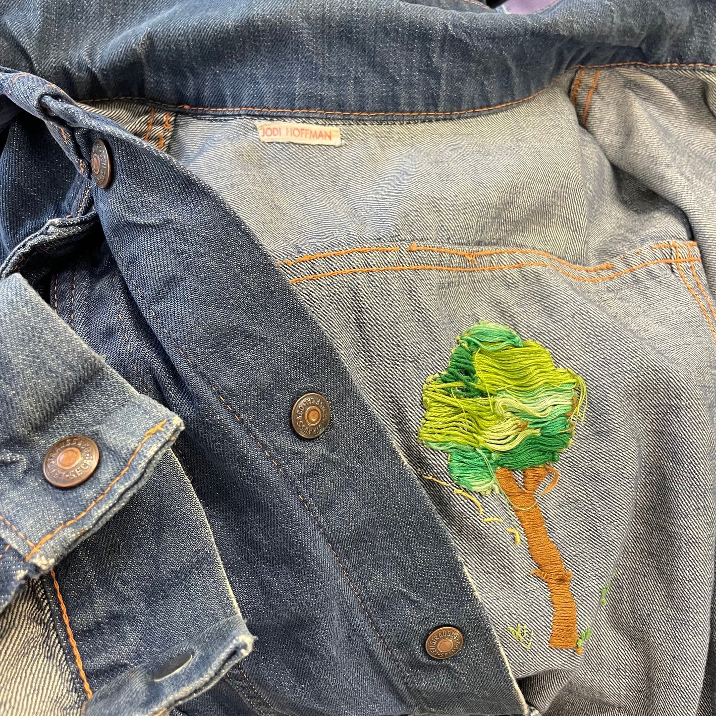 vintage faded 1960s LEVIS snap JEAN JACKET small distressed embroidered button up cropped 70s soft denim top trees and earth hippie style