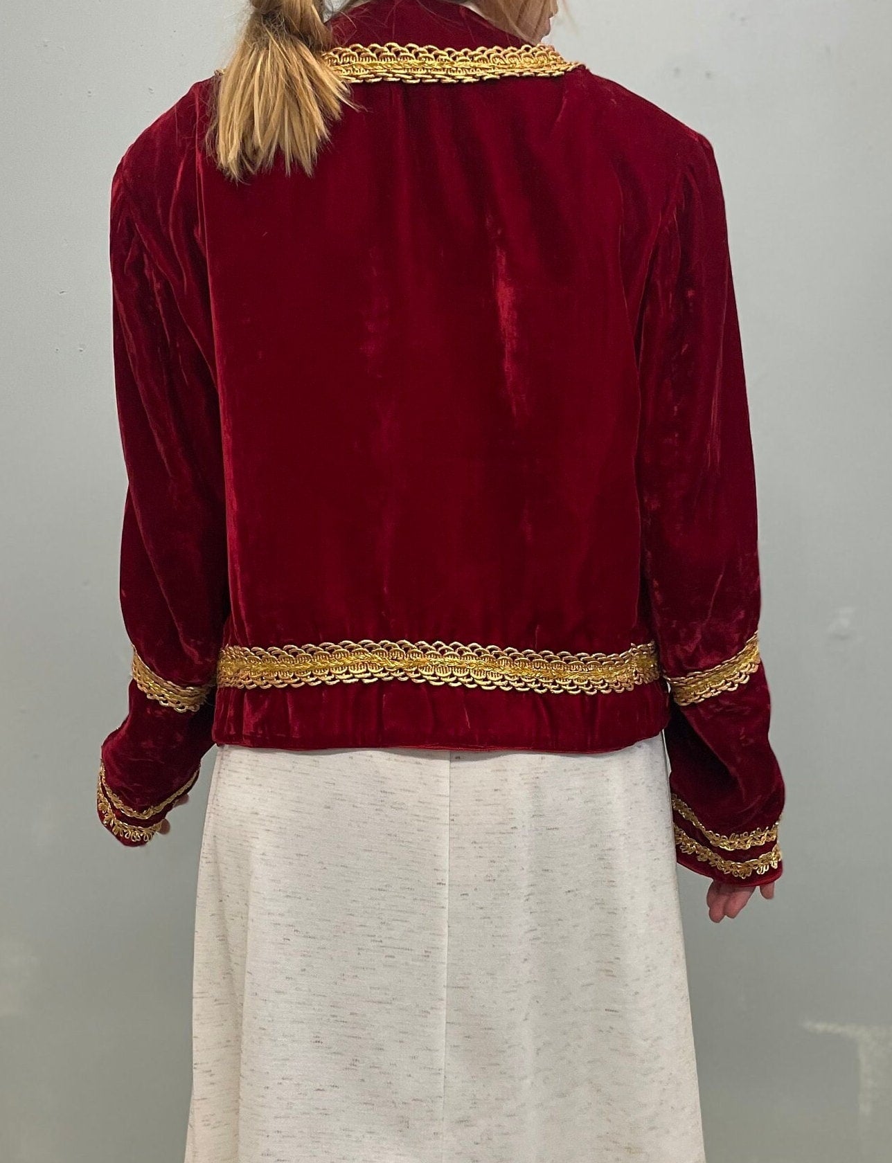 antique RED VELVET JACKET // vintage masonic robe odd fellows sword & stars free masons 1930s beaded bolero gold trim silk velvet art deco