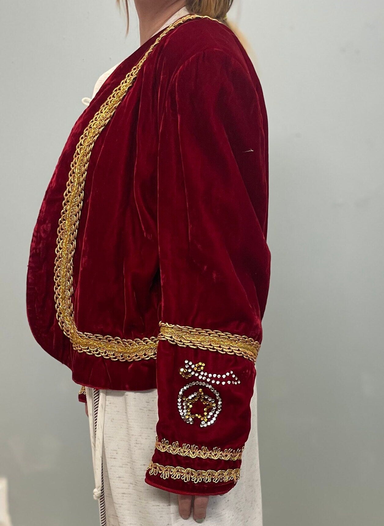 antique RED VELVET JACKET // vintage masonic robe odd fellows sword & stars free masons 1930s beaded bolero gold trim silk velvet art deco