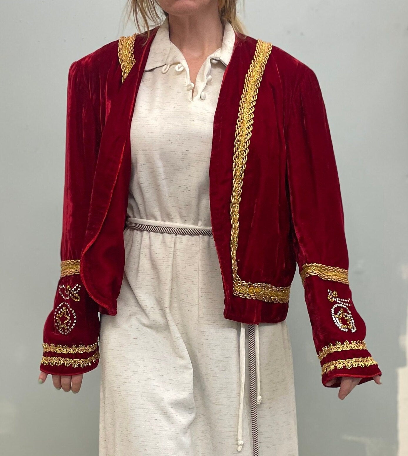 antique RED VELVET JACKET // vintage masonic robe odd fellows sword & stars free masons 1930s beaded bolero gold trim silk velvet art deco
