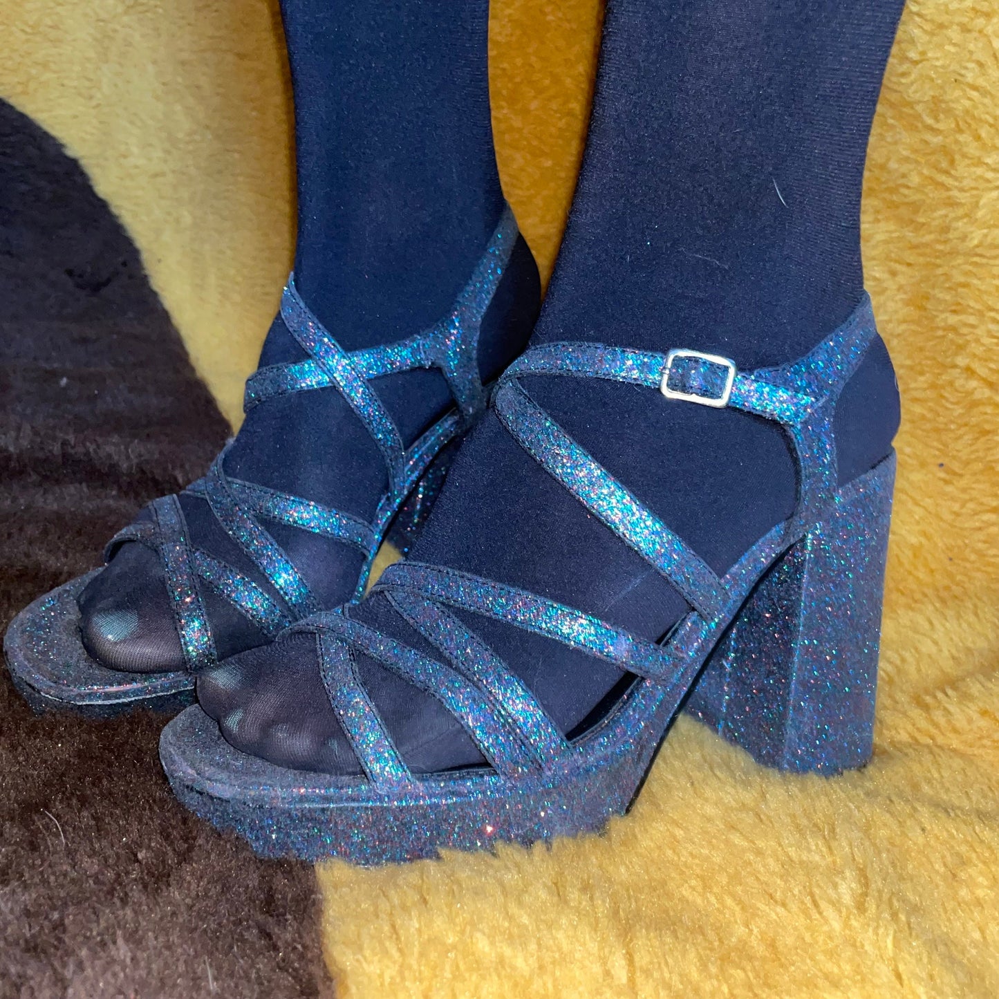 vtg 90s BLUE METALLIC PLATFORMS / vintage 70s style glitter disco chunky heels funky club kid dancing sparkly stacked pumps retro fairy us 8