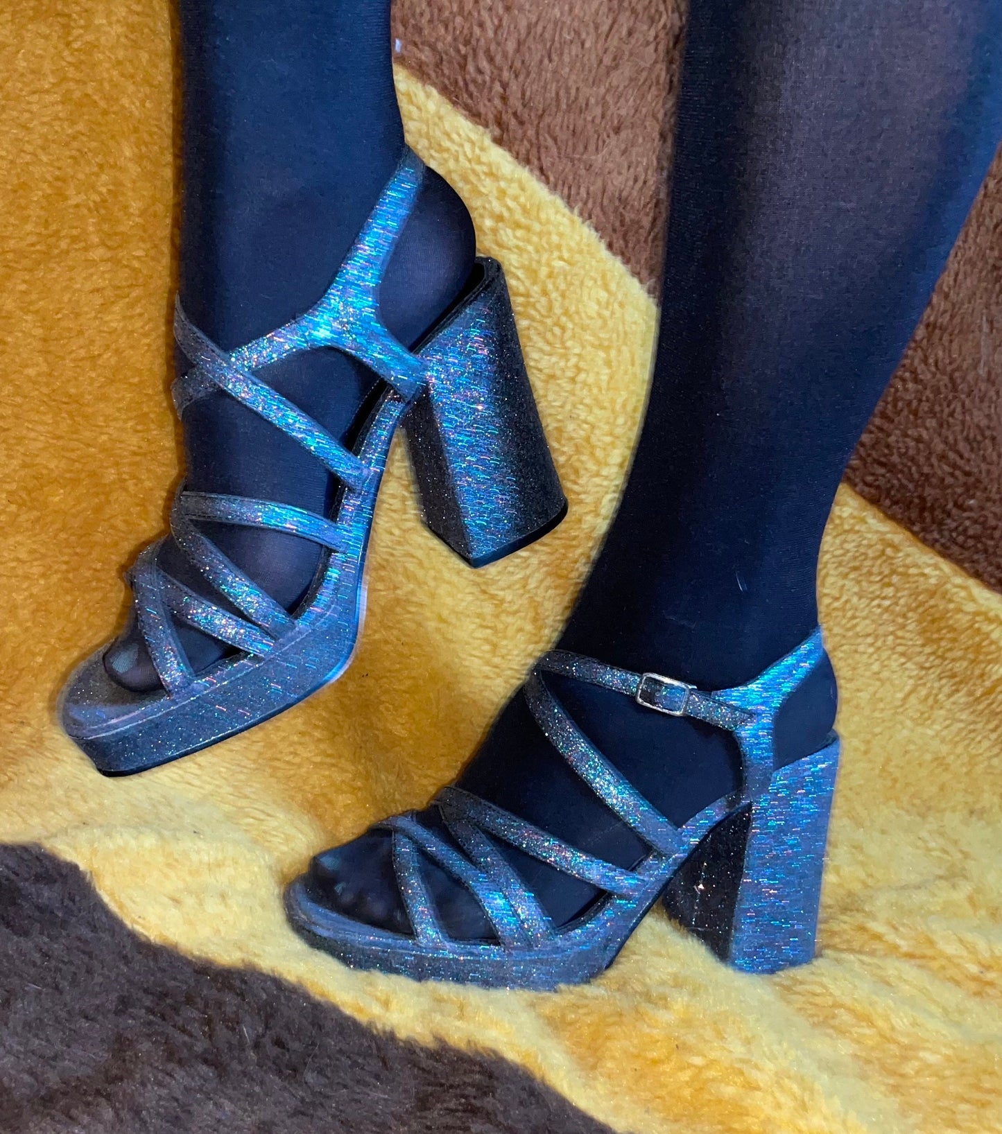 vtg 90s BLUE METALLIC PLATFORMS / vintage 70s style glitter disco chunky heels funky club kid dancing sparkly stacked pumps retro fairy us 8