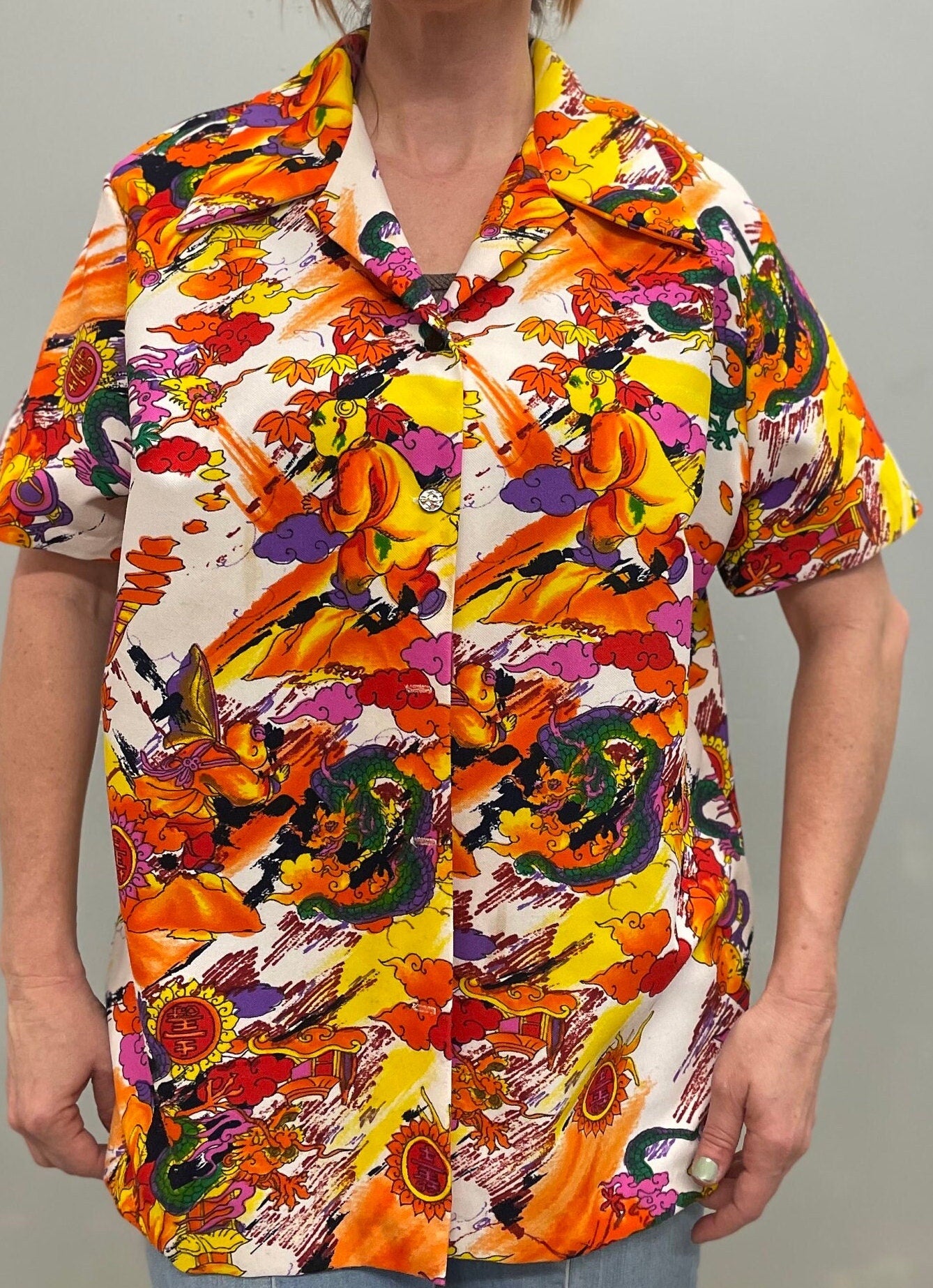 vtg 60s PSYCHEDELIC OXFORD TOP // vintage xl button up abstract print hawaiian hippie mod retro autumn blouse flower print dress shirt fall