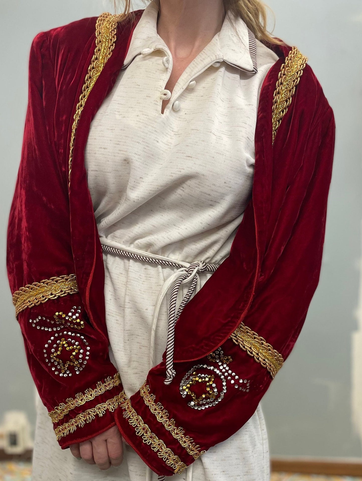 antique RED VELVET JACKET // vintage masonic robe odd fellows sword & stars free masons 1930s beaded bolero gold trim silk velvet art deco