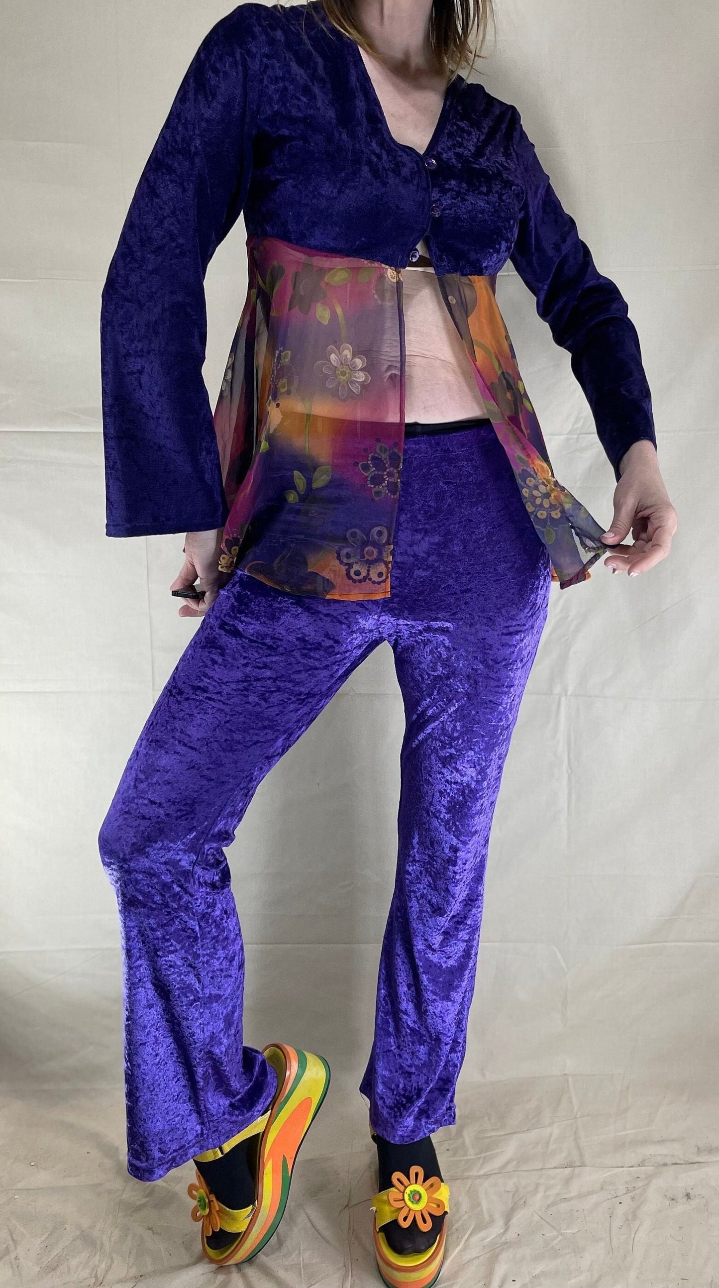 vtg 90s PURPLE VELVET FLARES 2 Piece Set // vintage Deelite raver lady miss kier flare leg hippie y2k 90s dj groove is in the heart costume