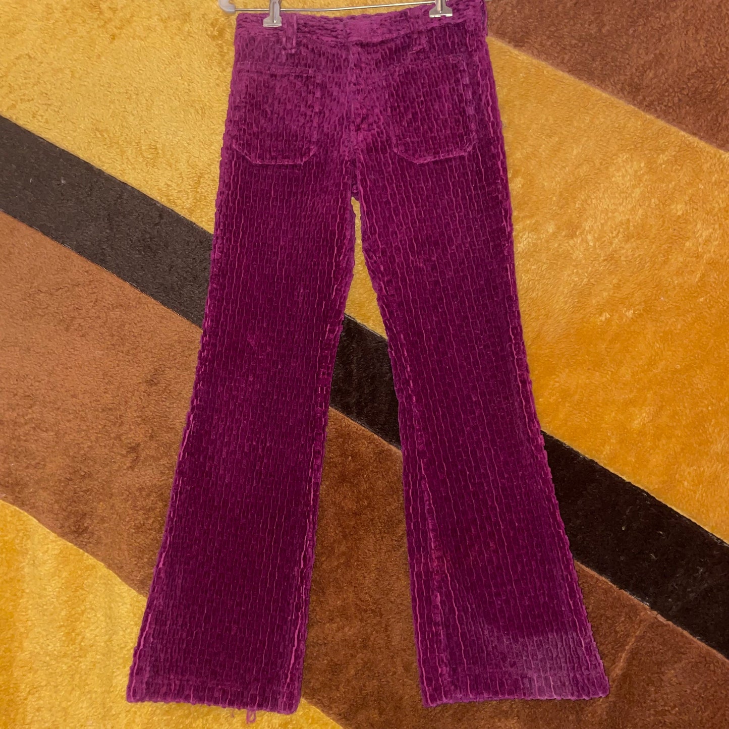 vtg 70s PURPLE CHENILLE PANTS // vintage front pocket flares ribbed textured hip huggers retro hippie mod mid rise velvet glam rock stylist