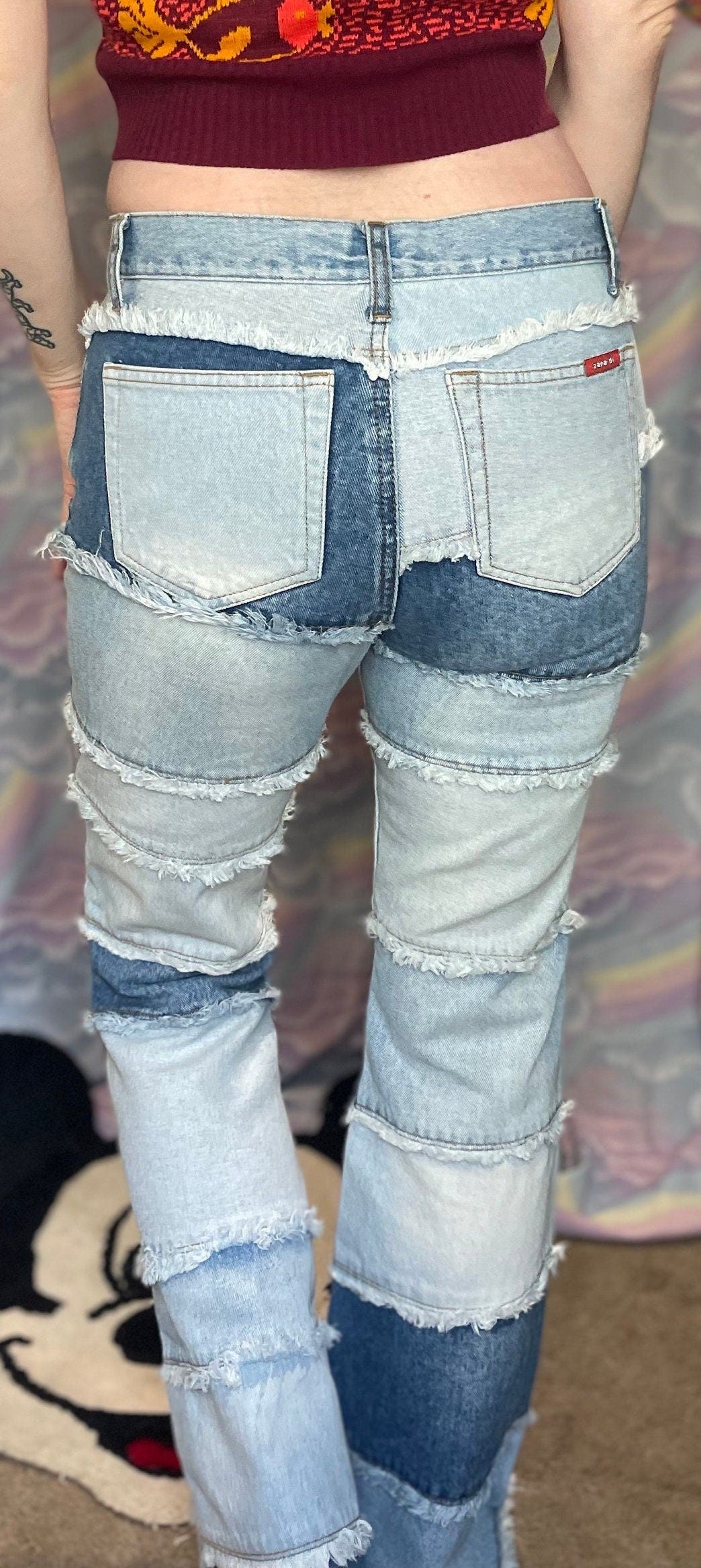 vintage Y2K ZANA DI PATCHWORK Jeans // vintage mid rise bell bottoms light wash jeans 90s grunge bell bottom fringe geometric hippie boho