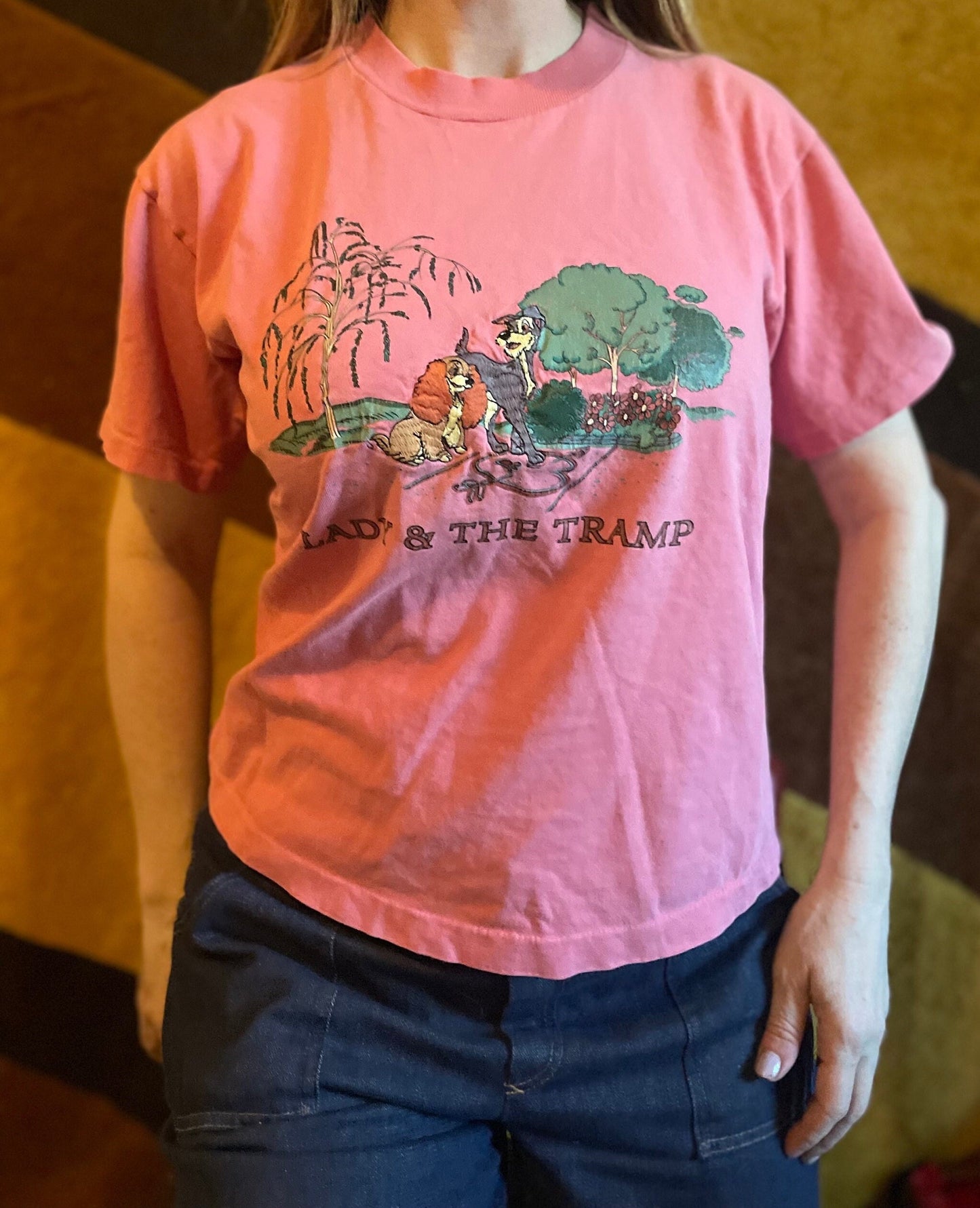 vtg 90s LADY & THE TRAMP Shirt // embroidered tshirt disney store cartoon pink spring graphic tee soft thin 80s bubble gum pink barbie core