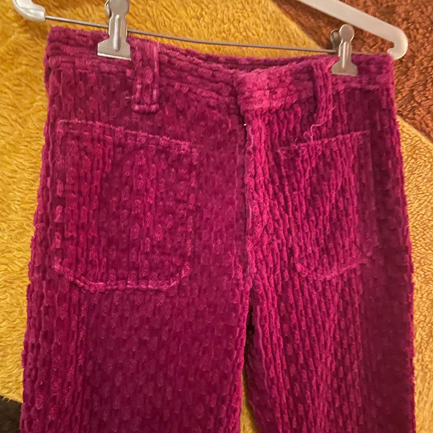 vtg 70s PURPLE CHENILLE PANTS // vintage front pocket flares ribbed textured hip huggers retro hippie mod mid rise velvet glam rock stylist