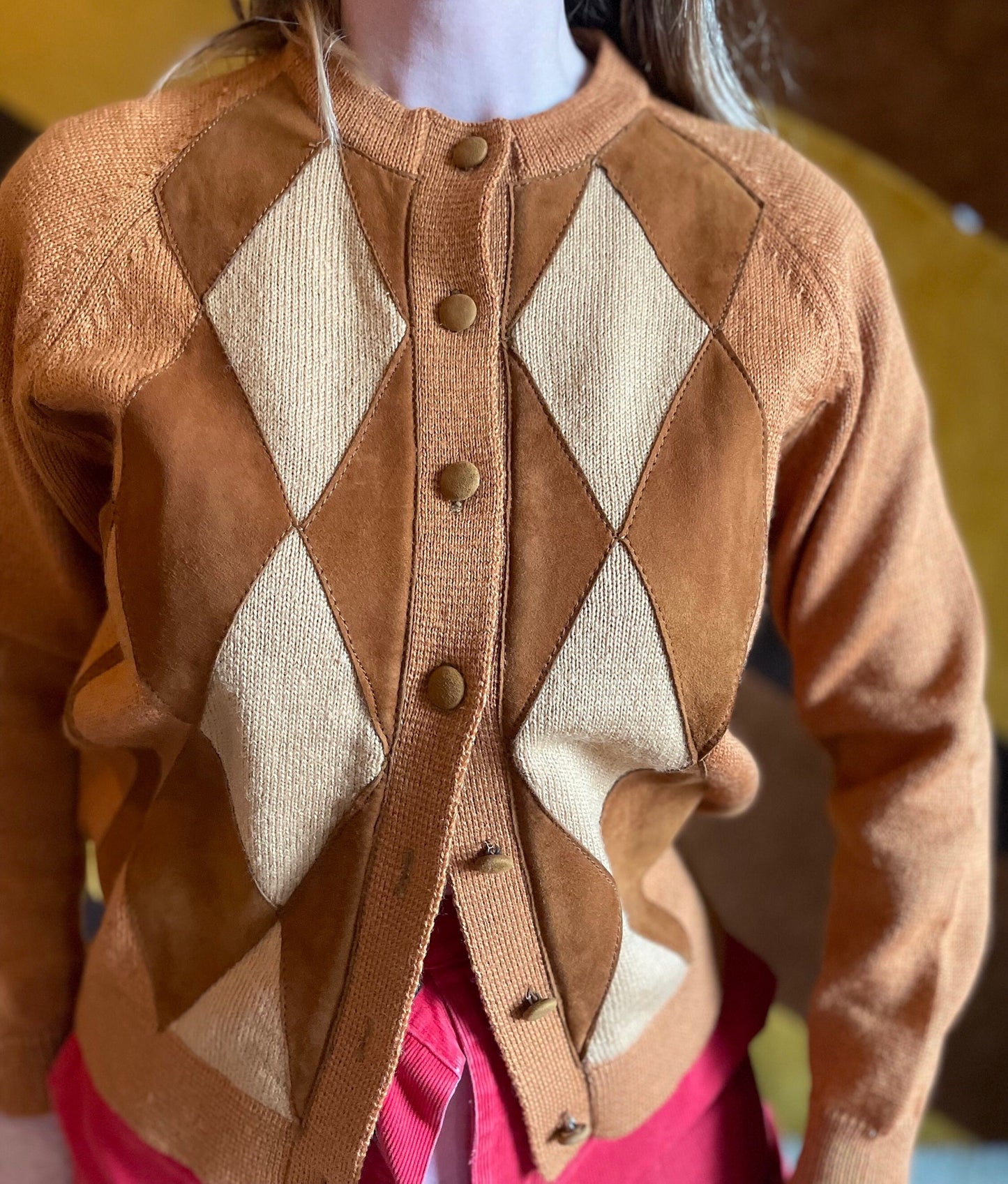 vtg ROCKABILLY CARDIGAN 50s 60s suede argyle burnt orange / brown & yellow wool sweater kurt cobain preppy grunge JOYCE sweater true style