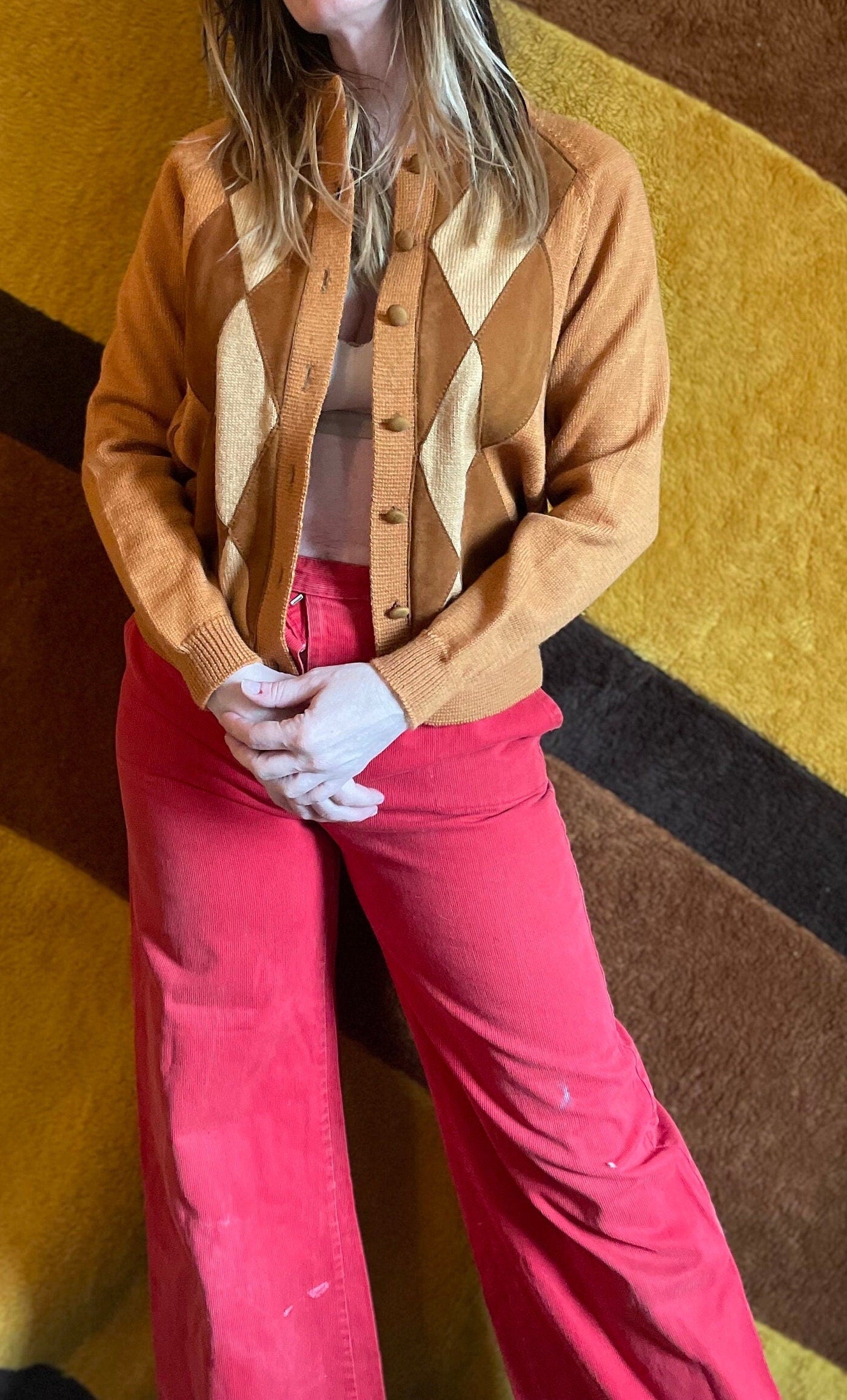 vtg ROCKABILLY CARDIGAN 50s 60s suede argyle burnt orange / brown & yellow wool sweater kurt cobain preppy grunge JOYCE sweater true style